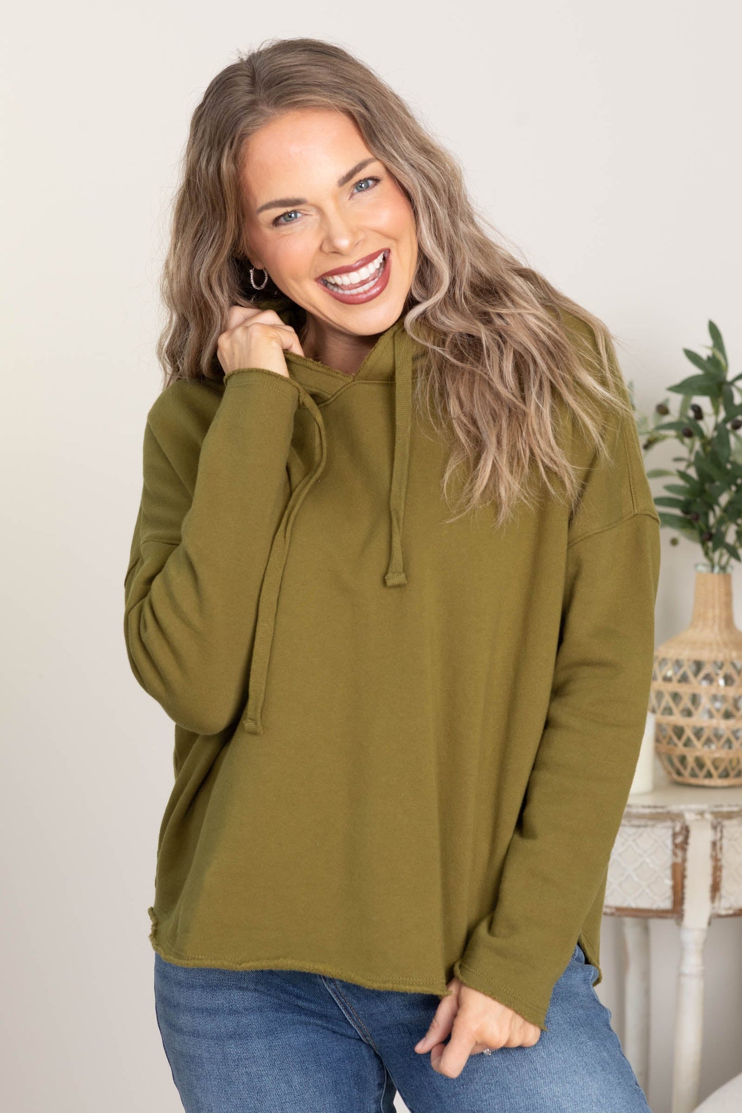 Raw Edge Round Hem French Terry Hoodie