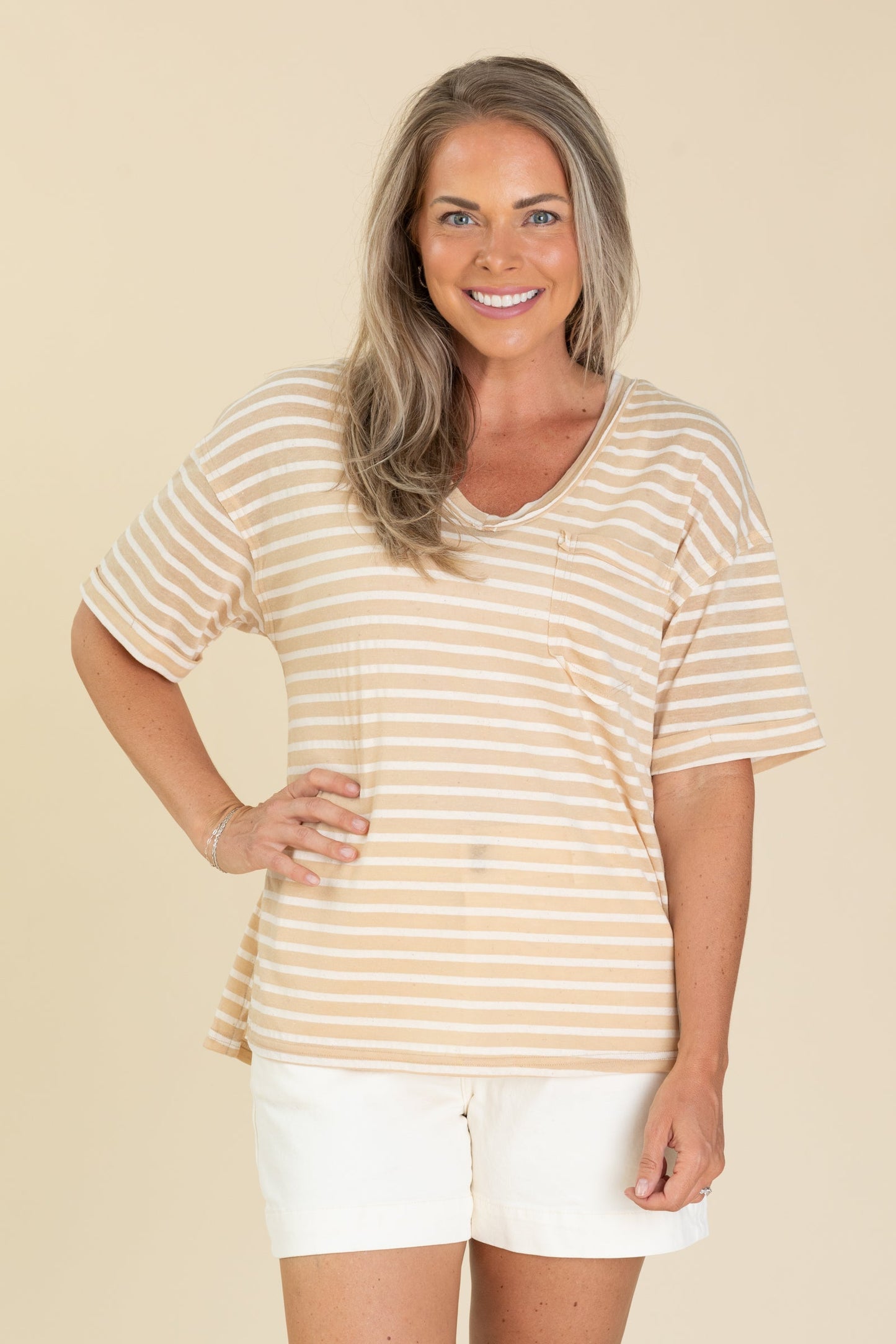 Beige And Ivory Oversized Stripe Knit Top