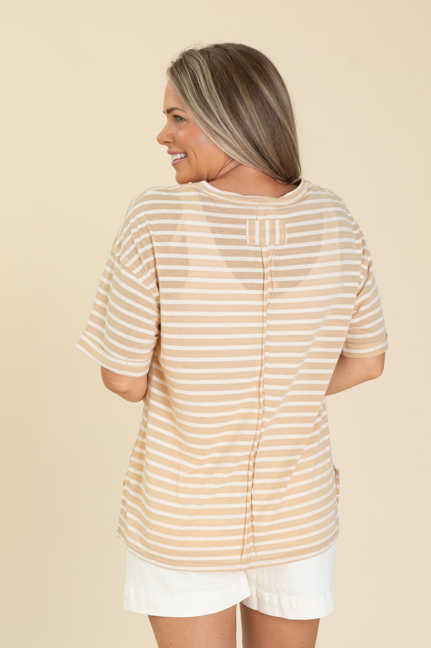 Beige And Ivory Oversized Stripe Knit Top