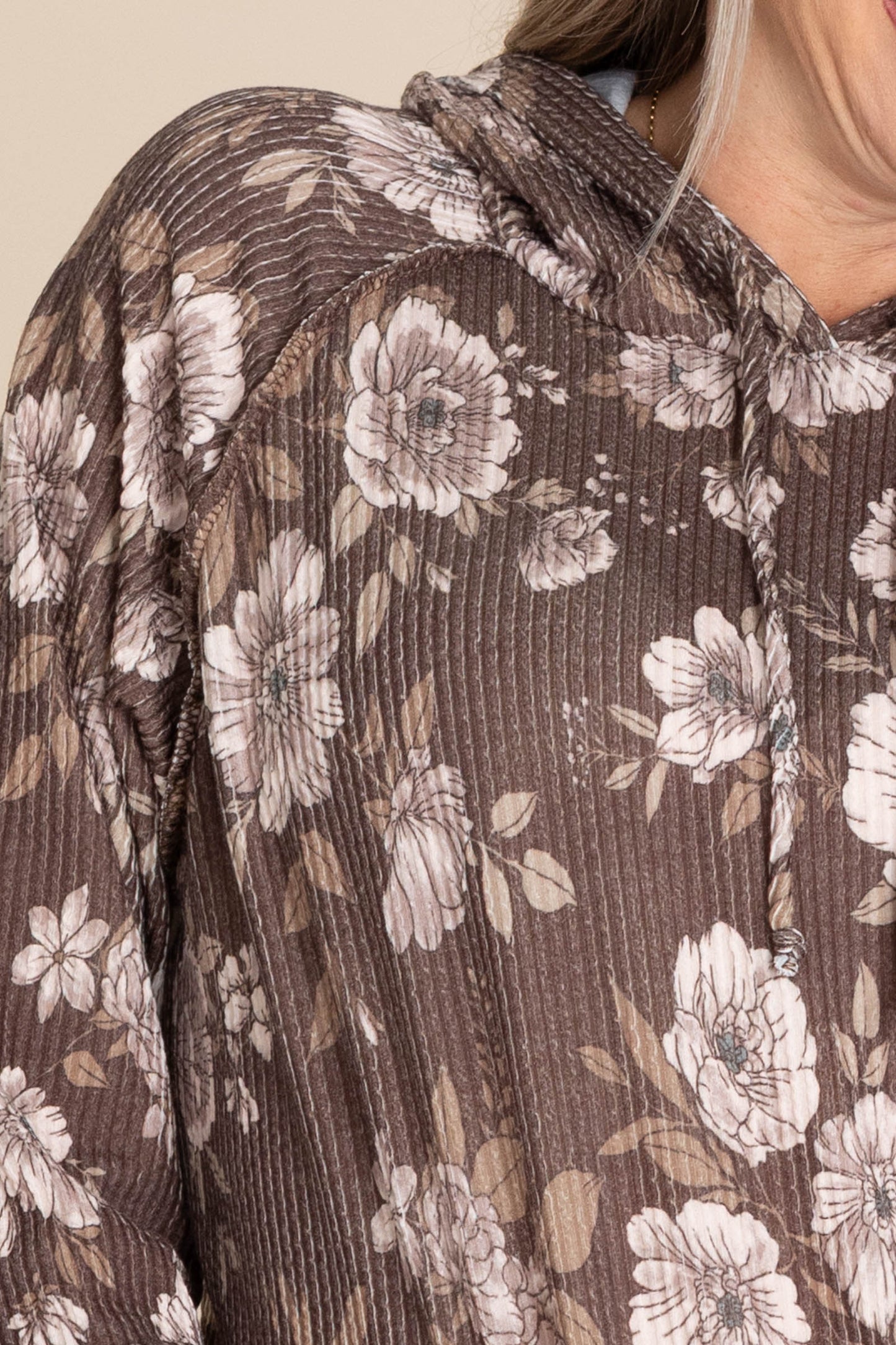 Mocha Floral Ribbed Knit Drawstring Hoodie