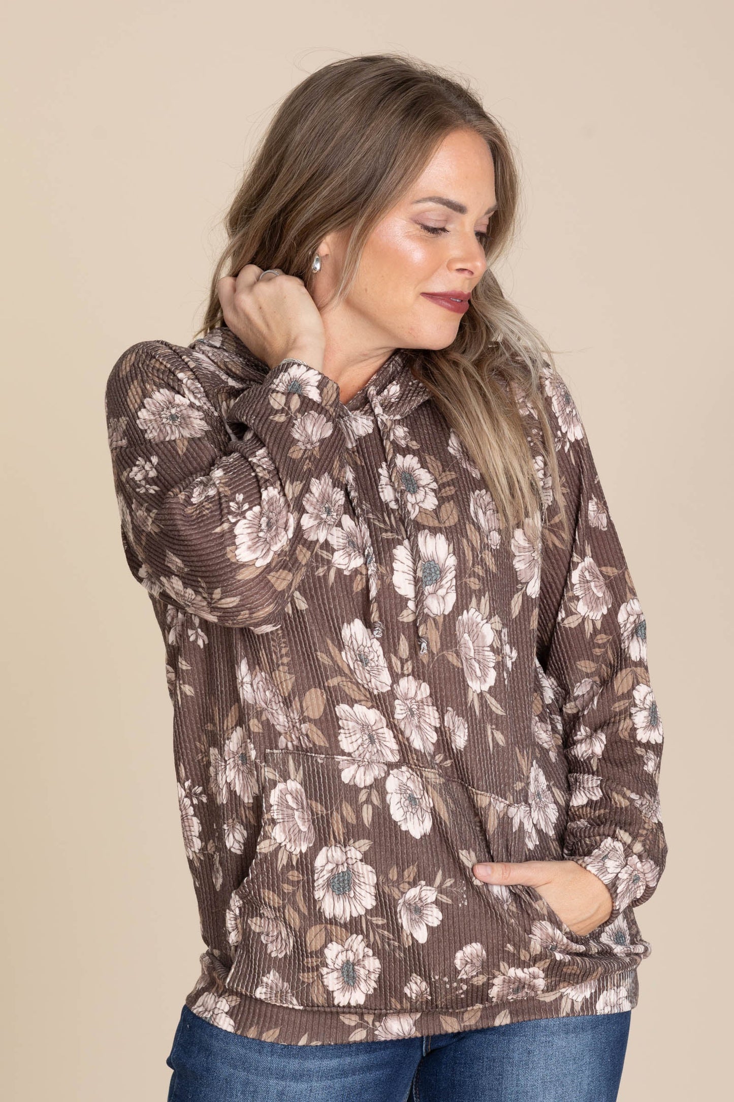 Mocha Floral Ribbed Knit Drawstring Hoodie