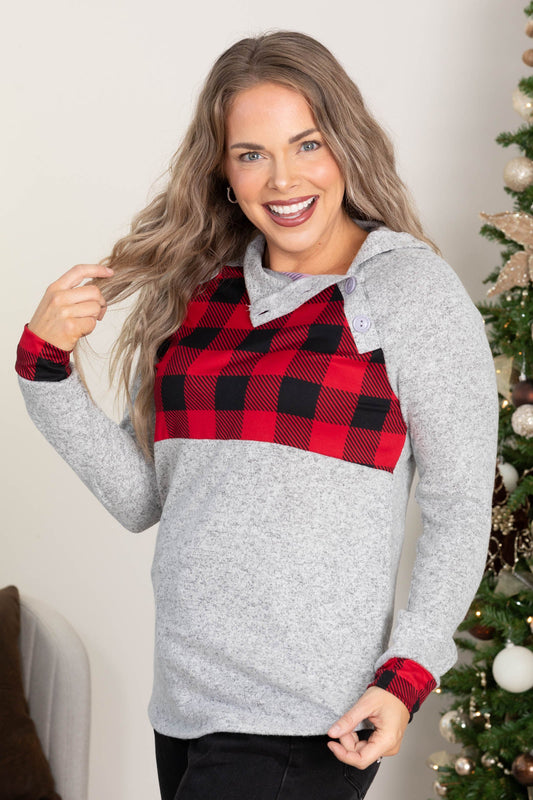 Grey Pullover With Plaid And Button Detail
