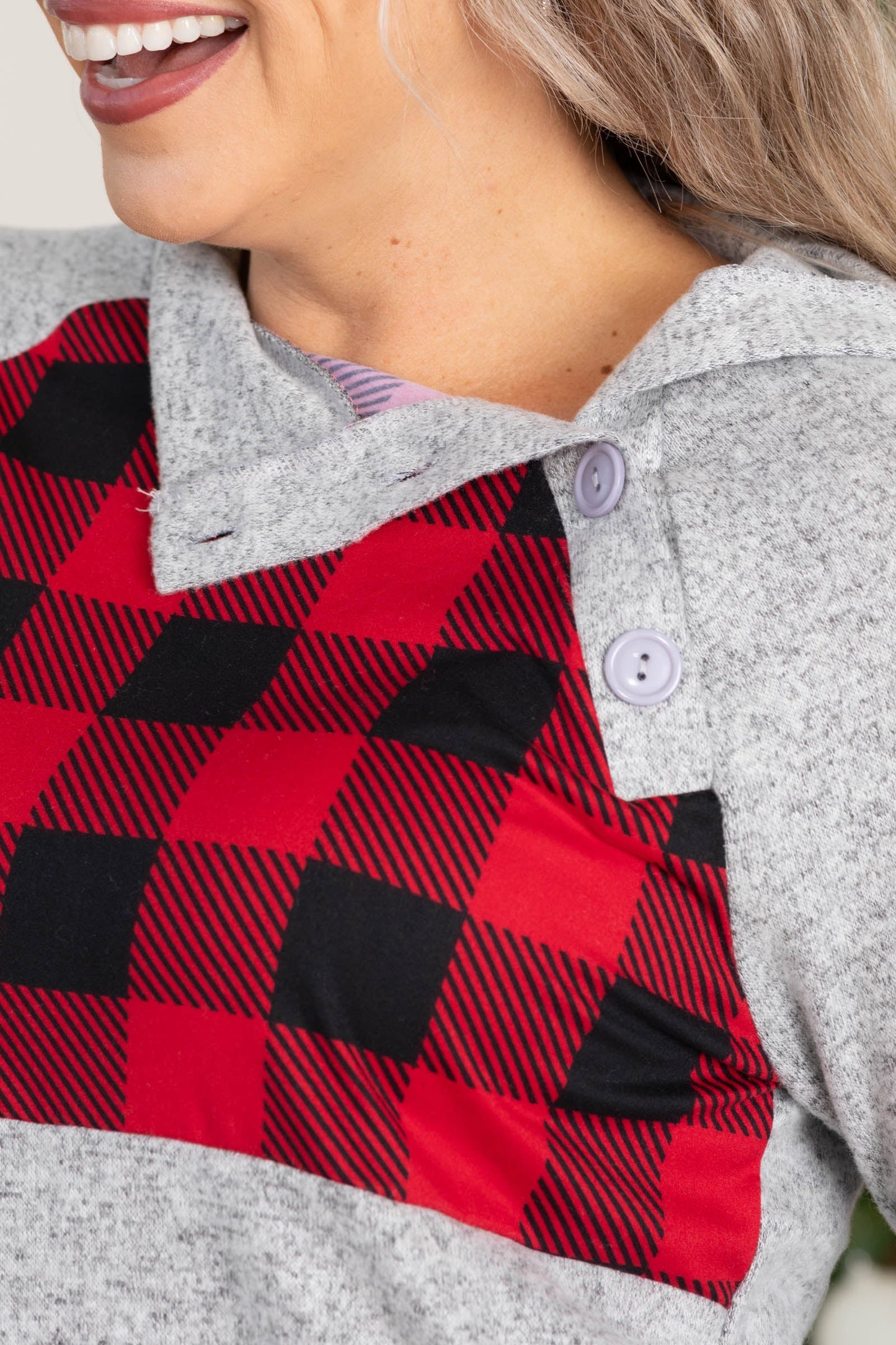 Grey Pullover With Plaid And Button Detail