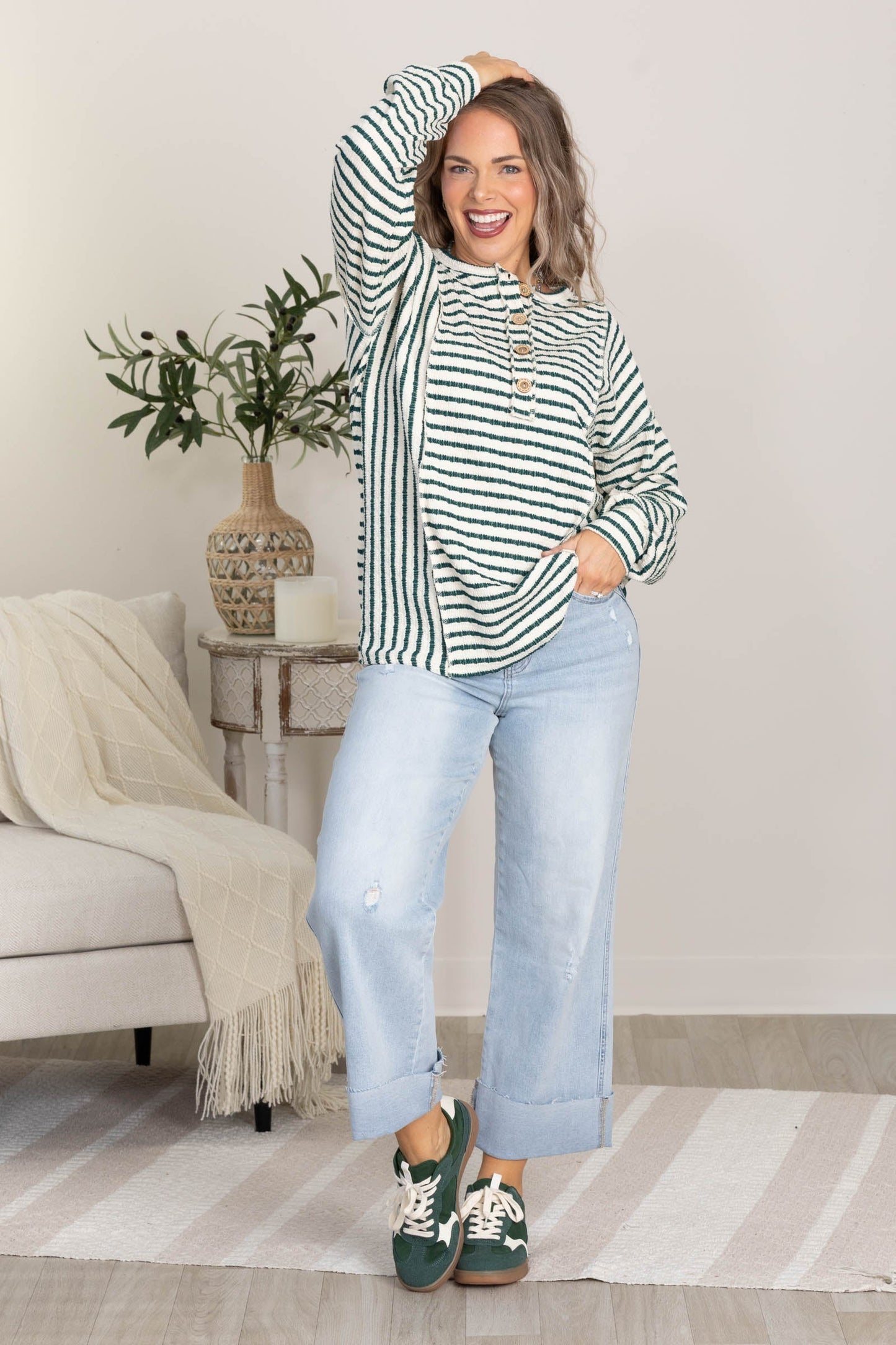 Cream And Green Button Front Stripe Knit Top
