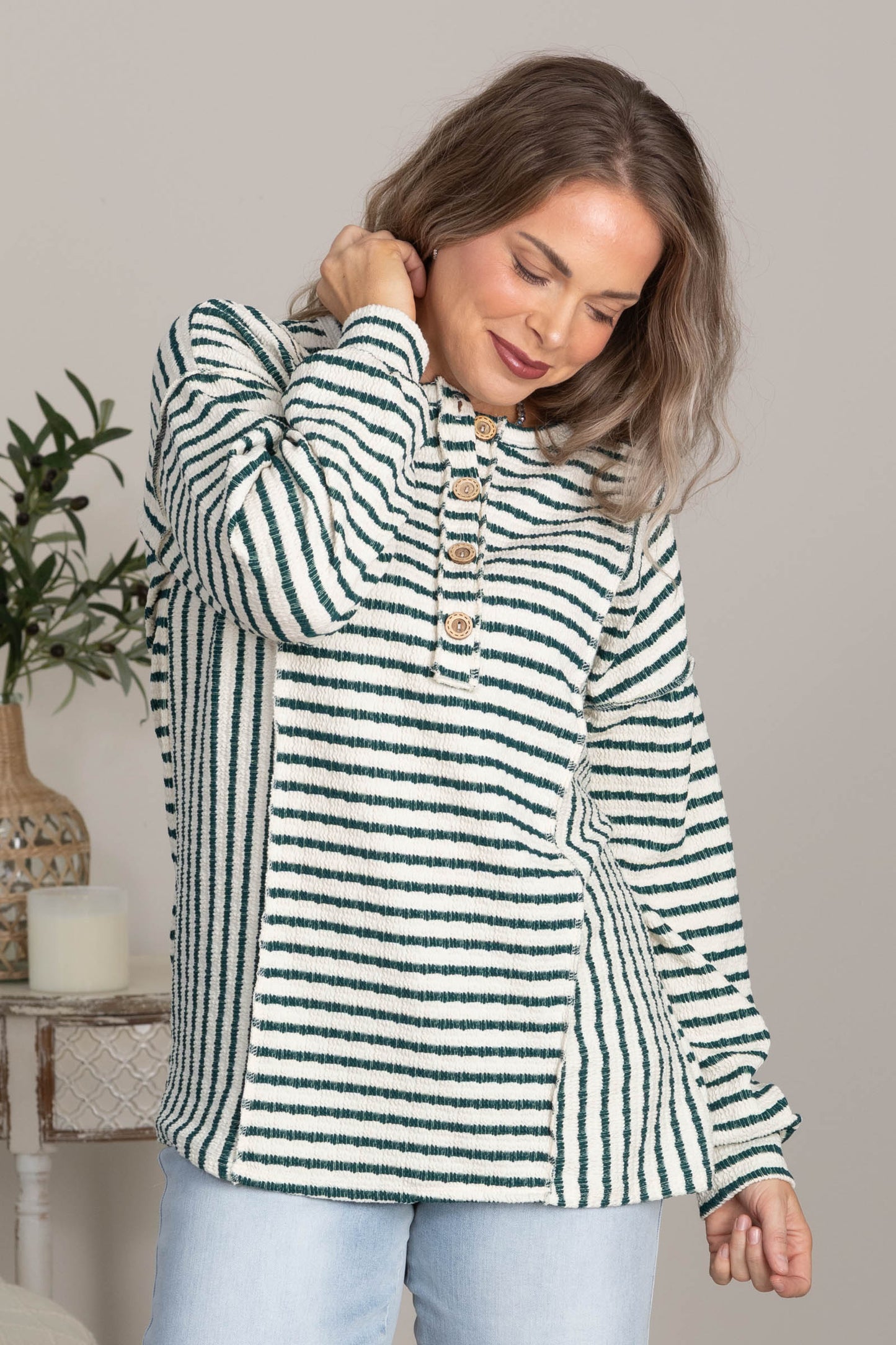 Cream And Green Button Front Stripe Knit Top
