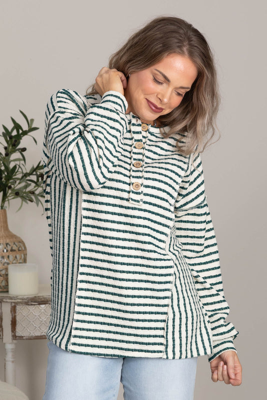 Cream And Green Button Front Stripe Knit Top