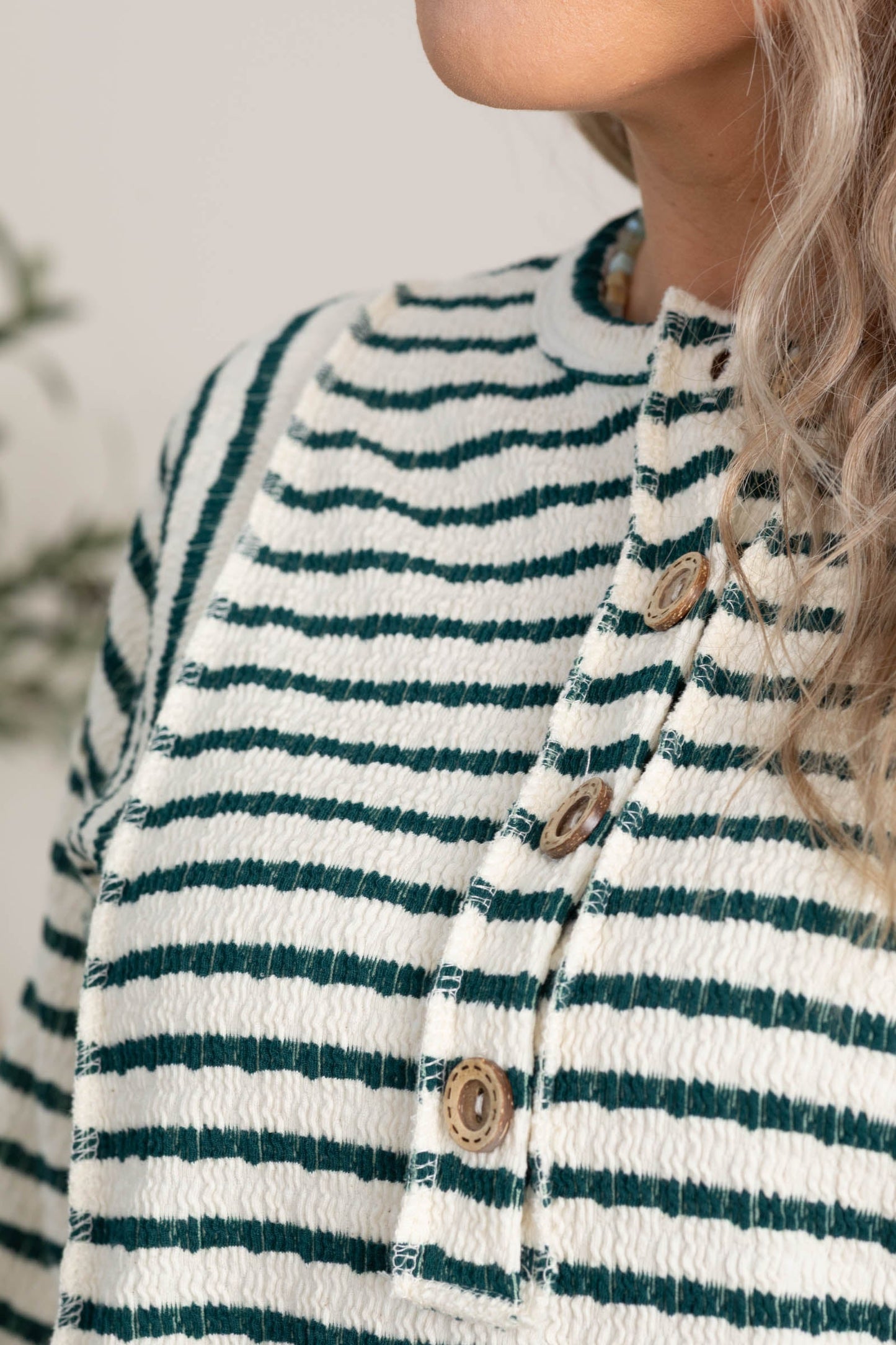 Cream And Green Button Front Stripe Knit Top