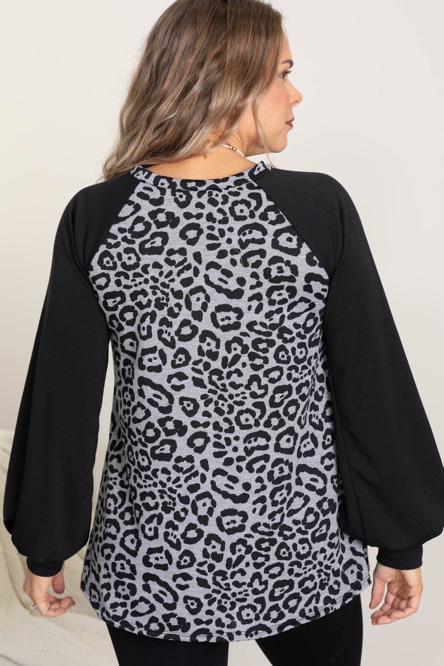 Grey And Black Animal Print Contrast Sleeve Top