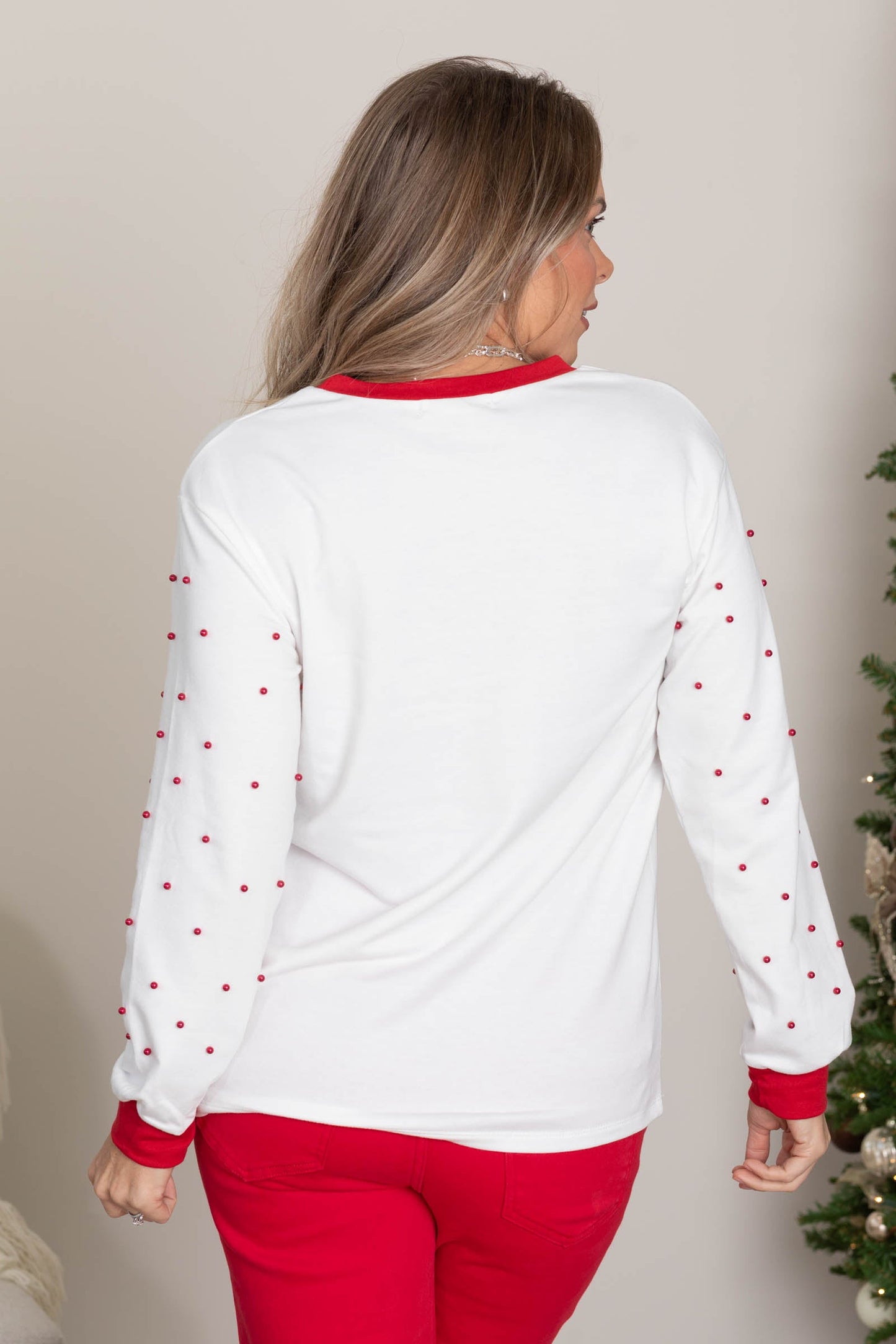 White Plaid Tree Knit Long Sleeve Red Pearls