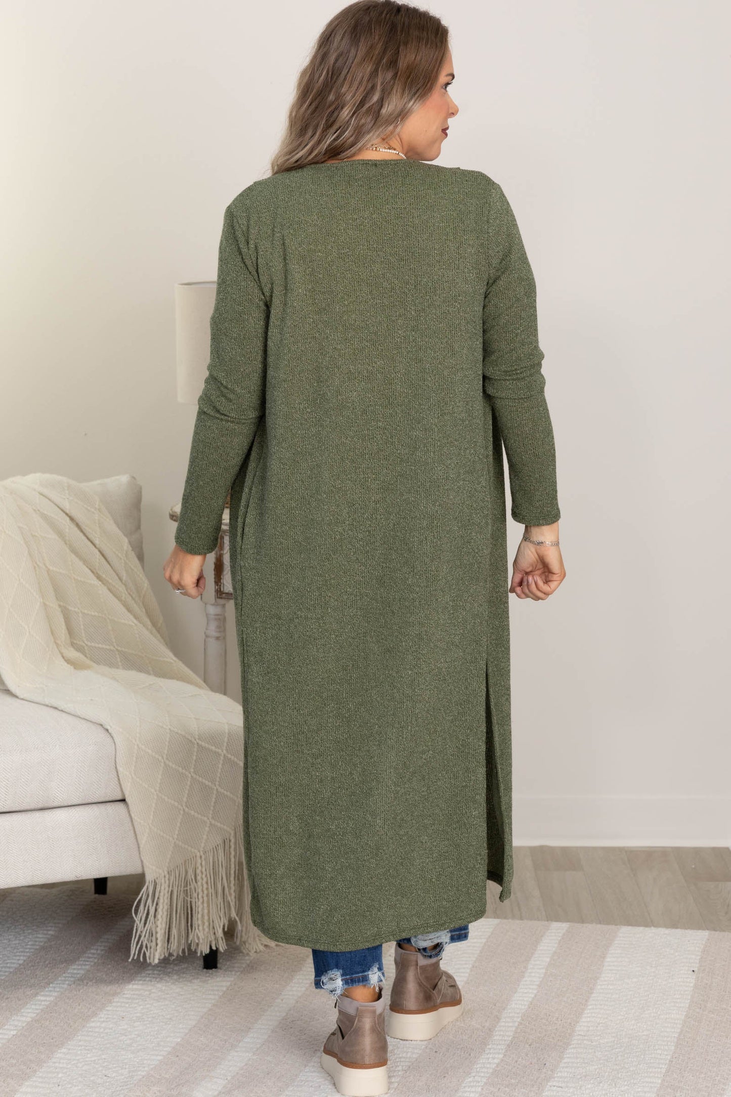 Heathered Open Duster Cardigans With Slits