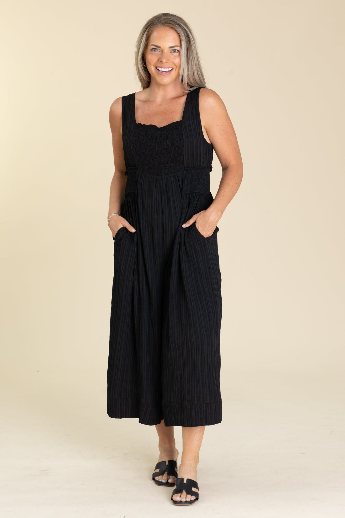 Black Crinkled Fabric Wide Leg Jumpsuit