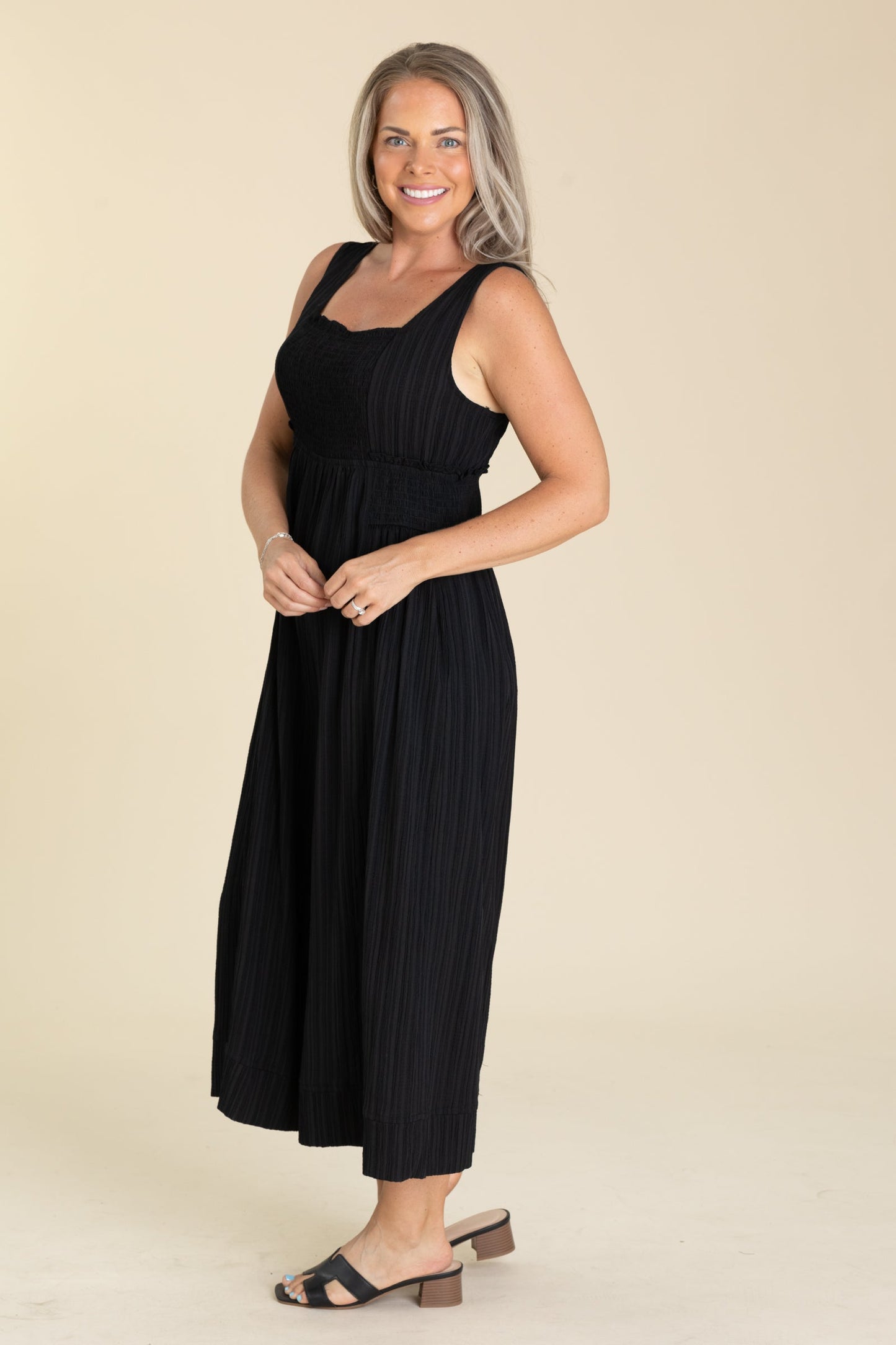 Black Crinkled Fabric Wide Leg Jumpsuit