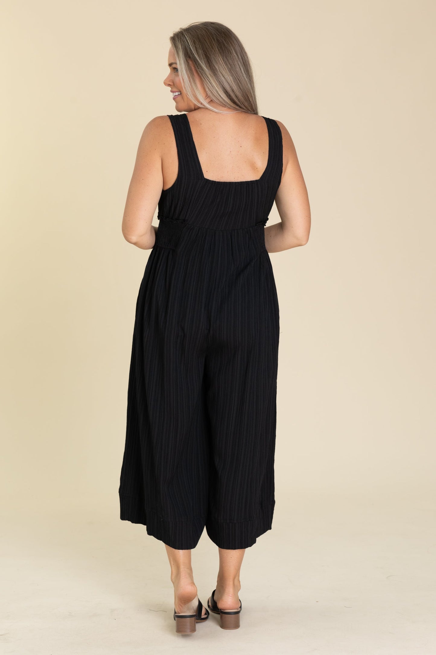 Black Crinkled Fabric Wide Leg Jumpsuit