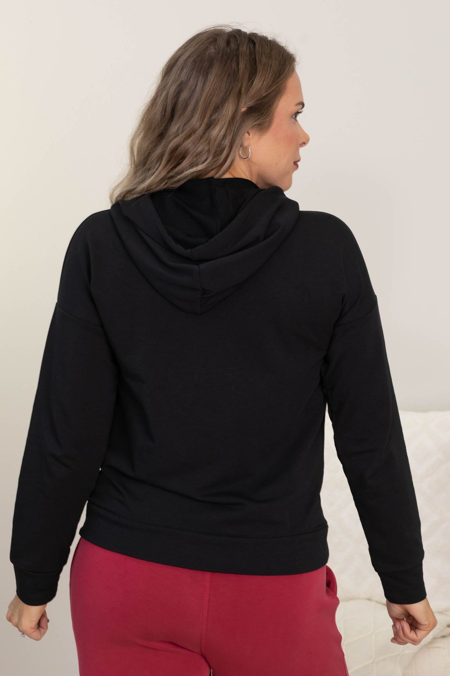 Drawstring Terry Knit Hoodie Tops