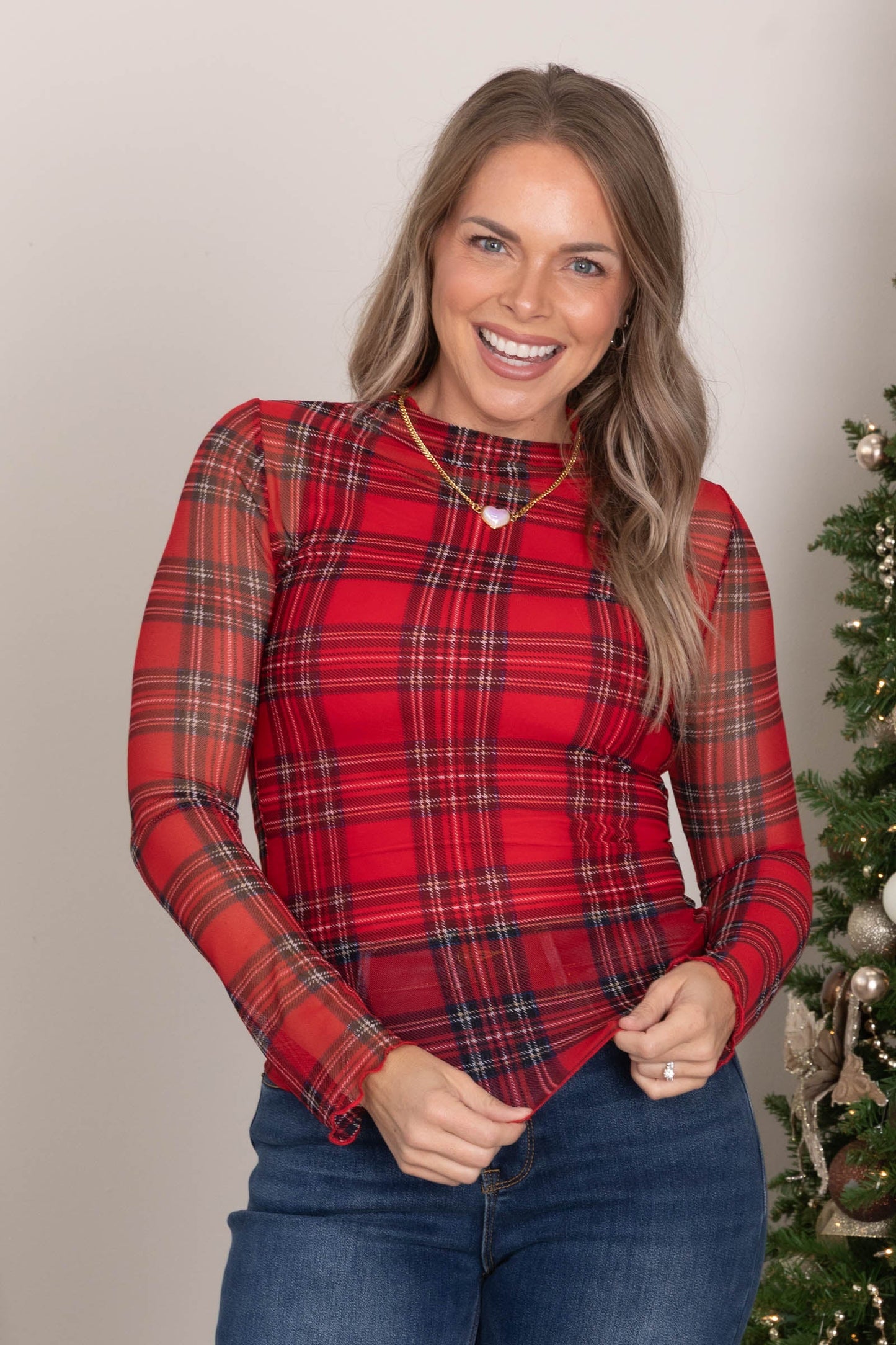 Plaid Print Mesh Long Sleeve Tops