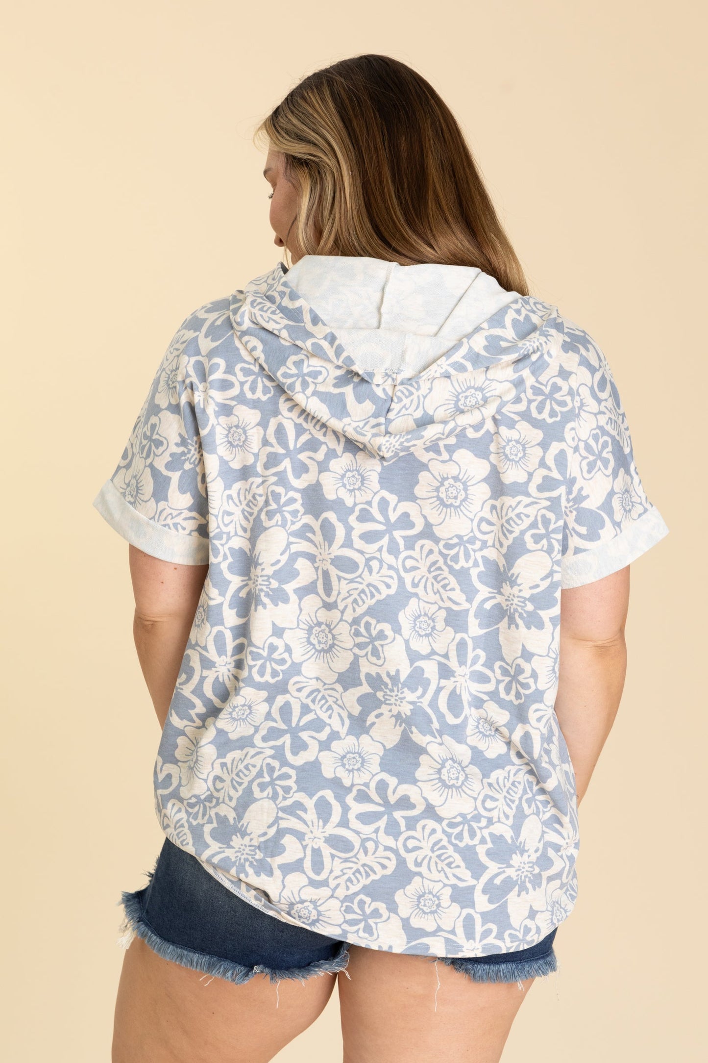 Dusty Blue Floral Reverse Hoodie Knit Top