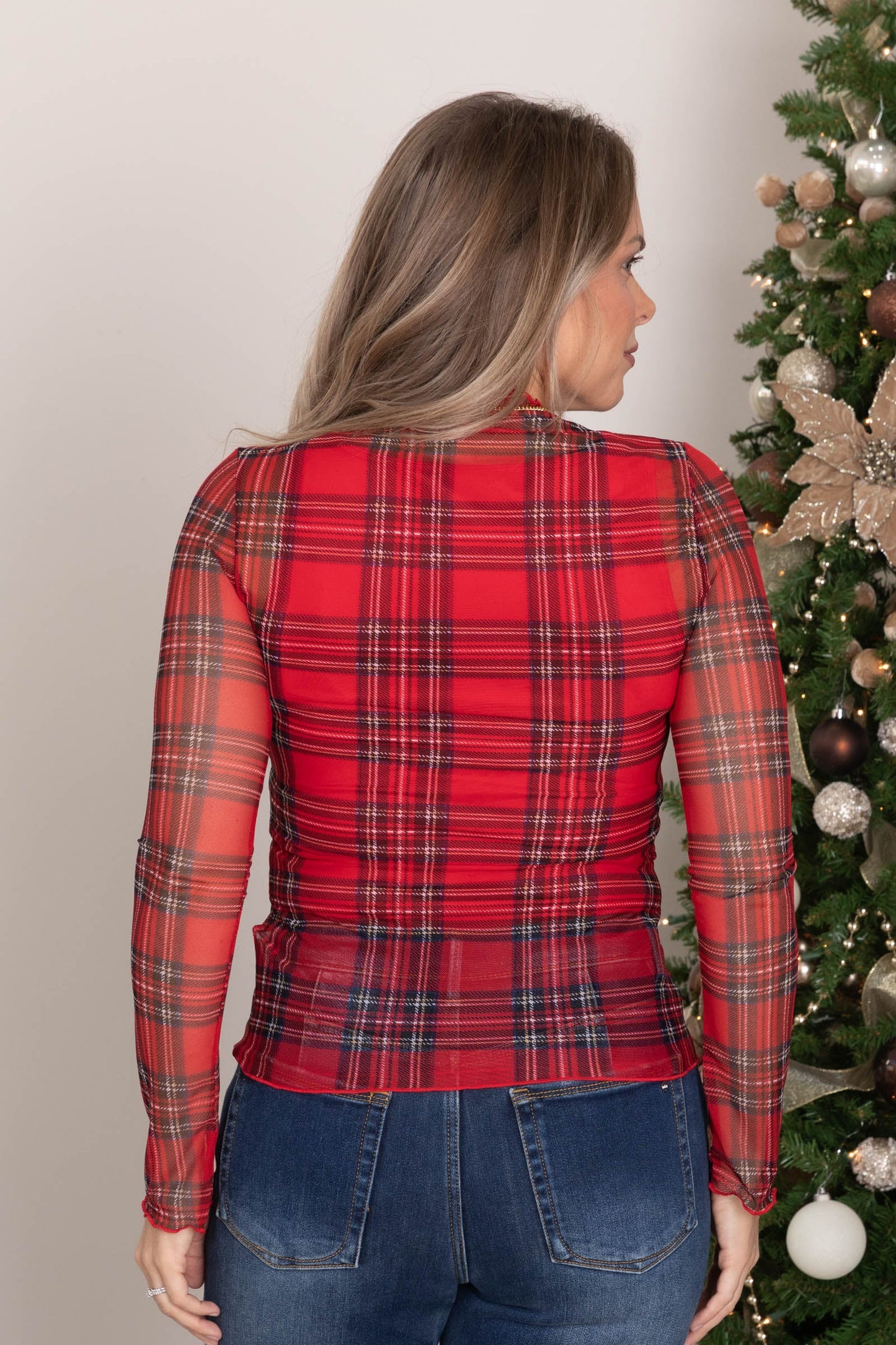 Plaid Print Mesh Long Sleeve Tops