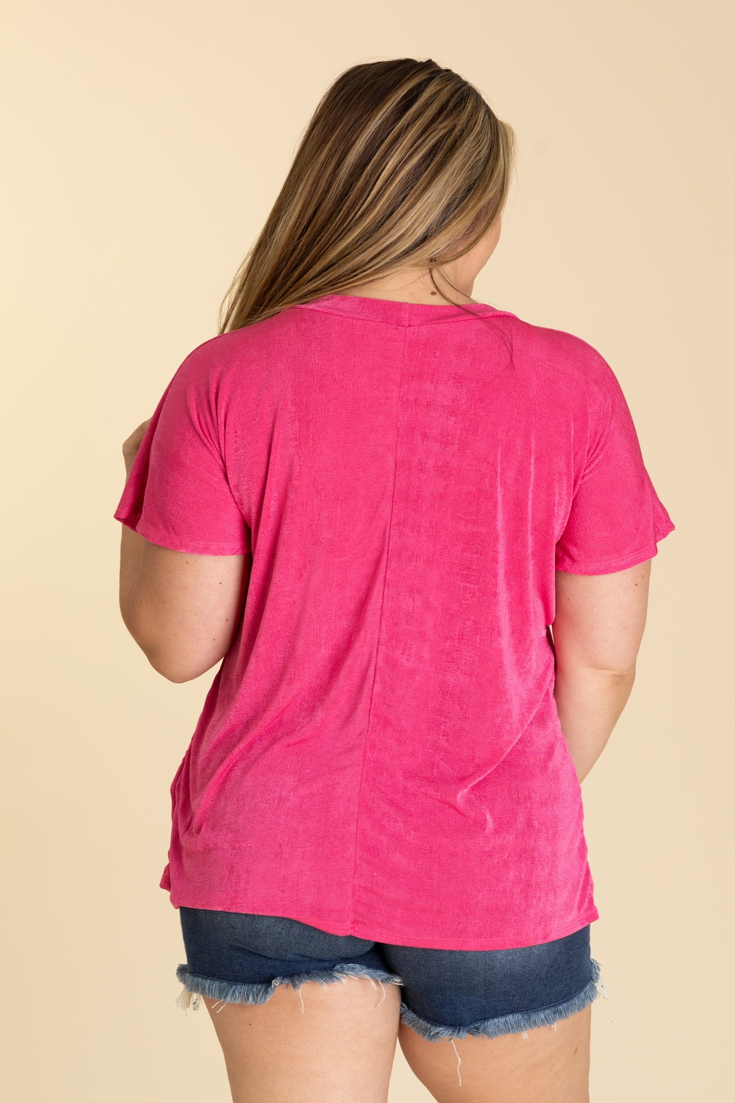 Fuchsia Chenile Flutter Short Sleeve Knit Top