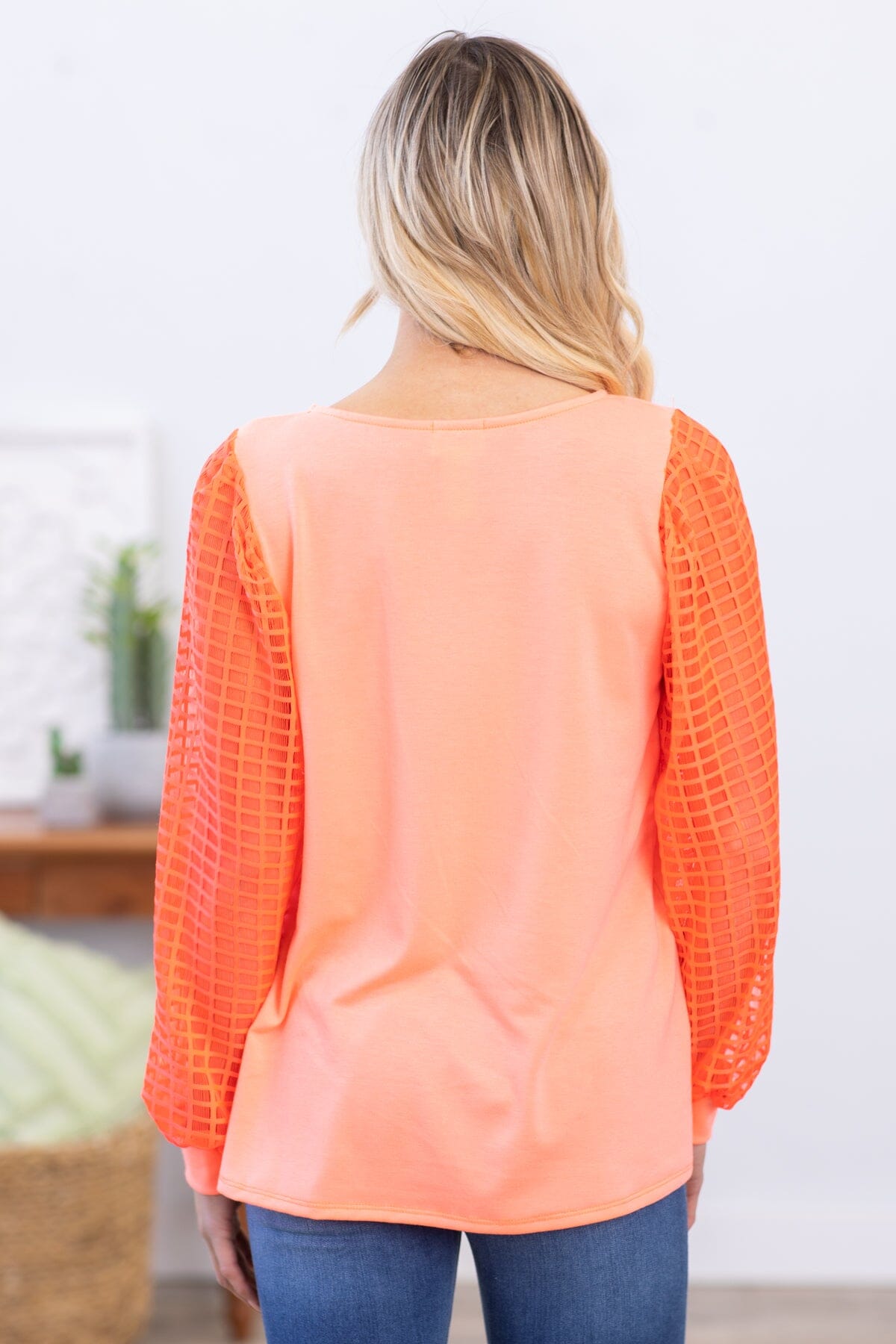 Neon Coral Textured Ballon Sleeve Top