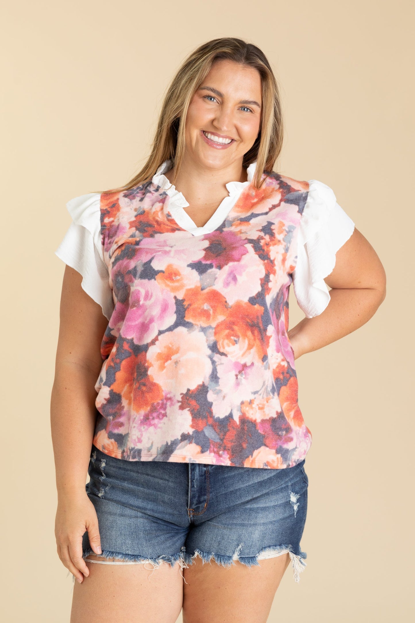 Blush And Coral Floral V-Neck Knit Top