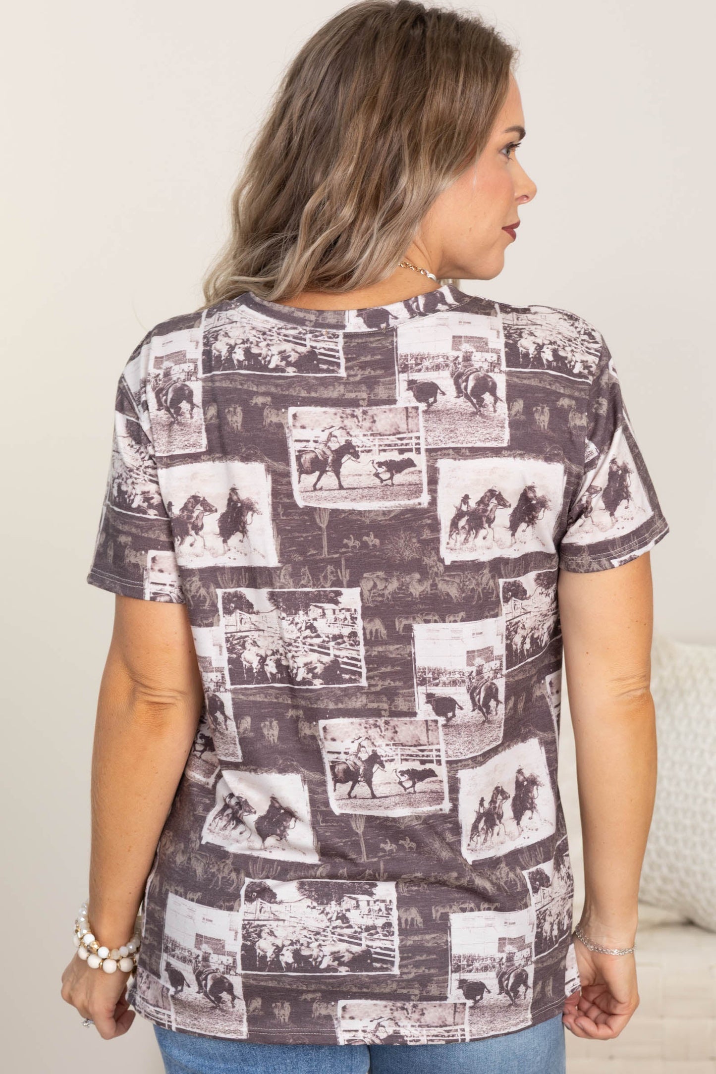 Brown Vintage Rodeo Print Short Sleeve Knit Top