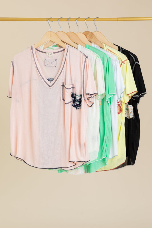 V-Neck Contrast Seam Mixed Print Top