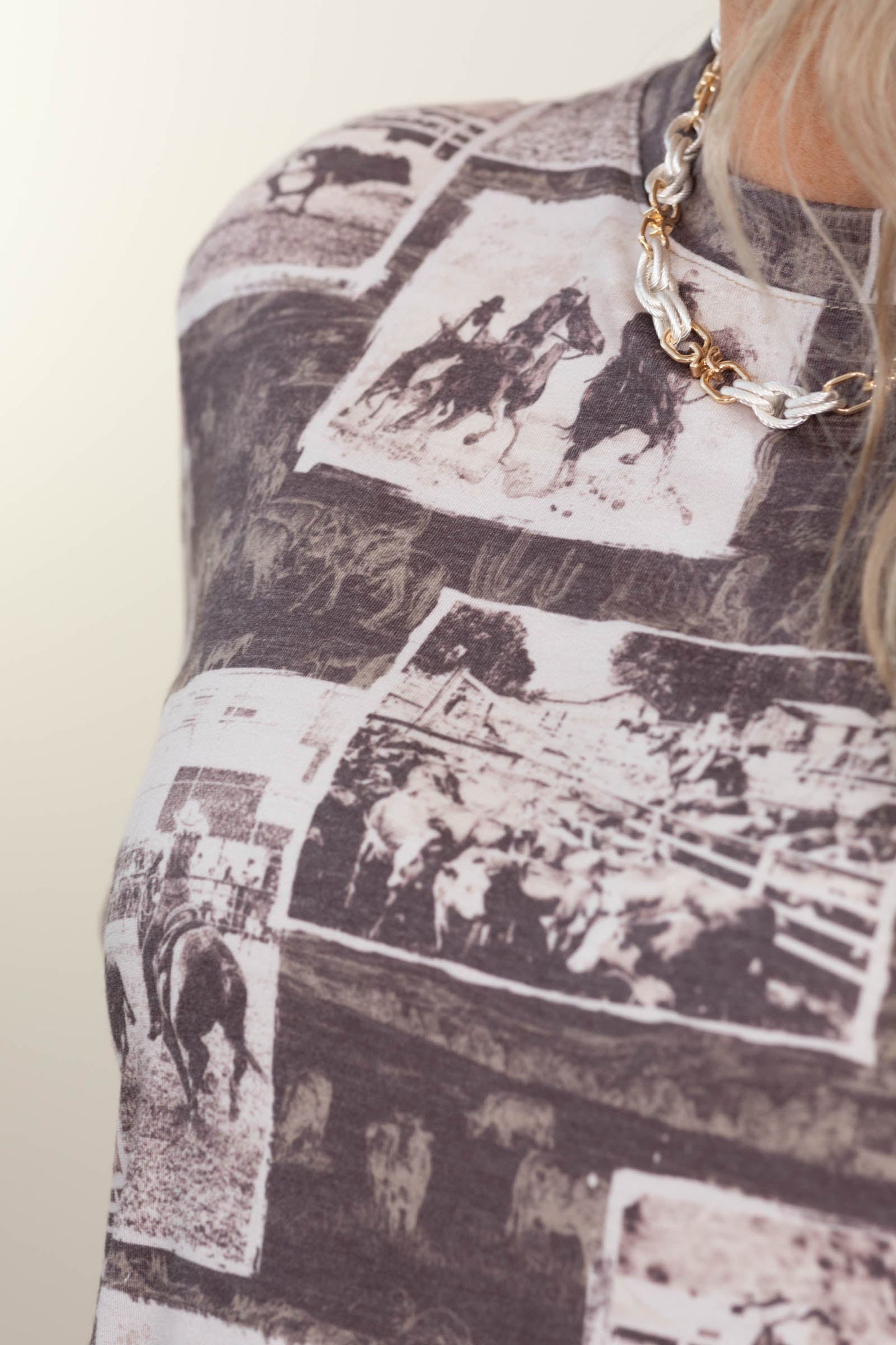 Brown Vintage Rodeo Print Short Sleeve Knit Top