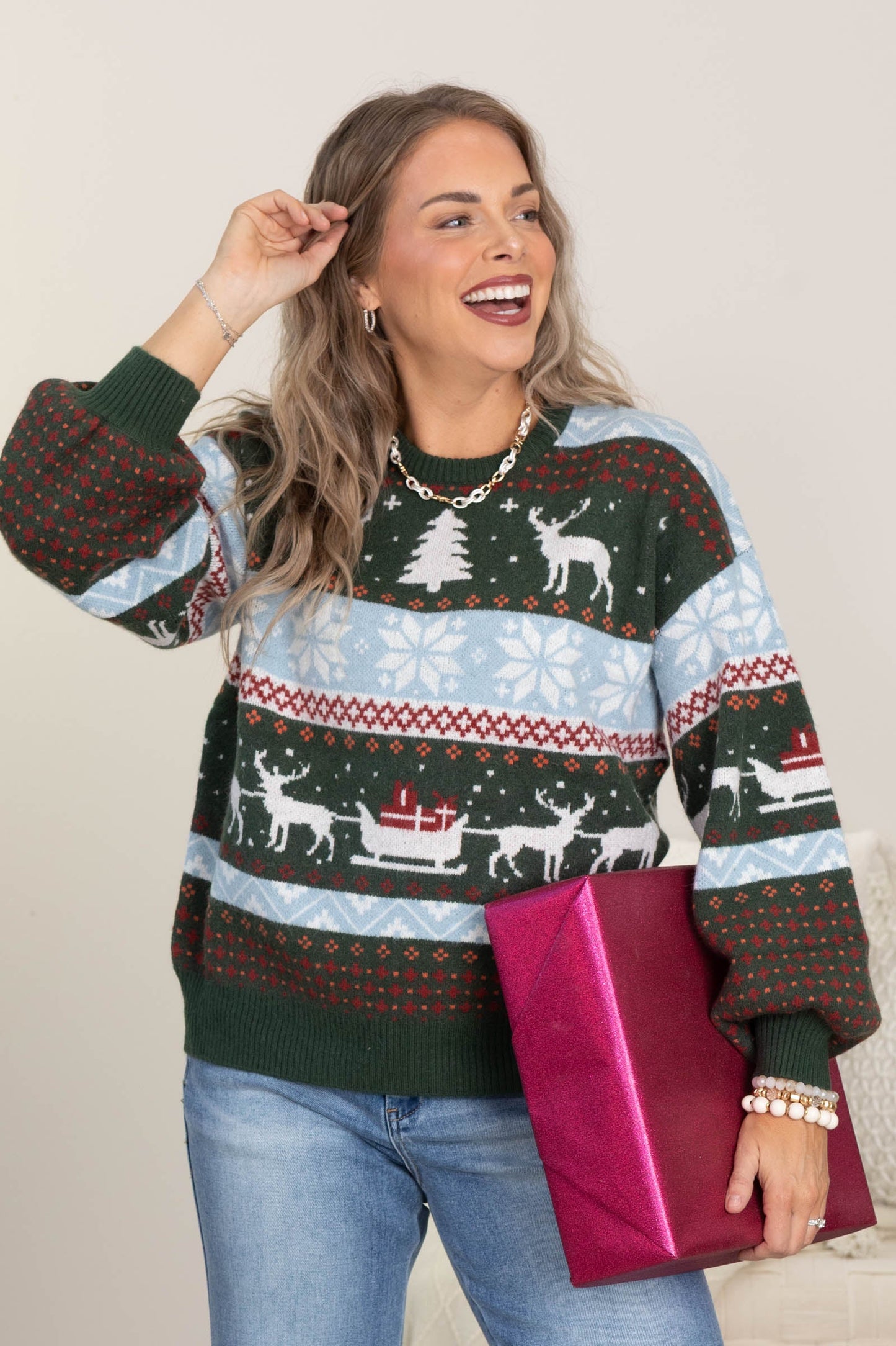 Hunter Green Fair Isle Reindeer Sweater