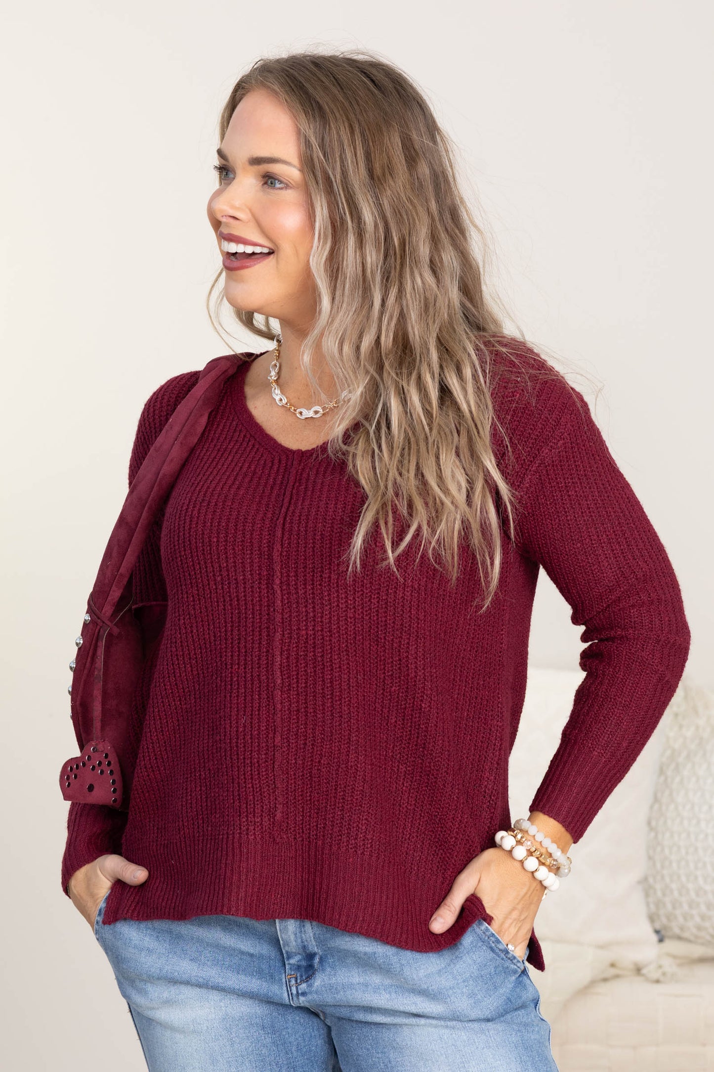 Burgundy V-Neck Center Seam Pullover Sweater