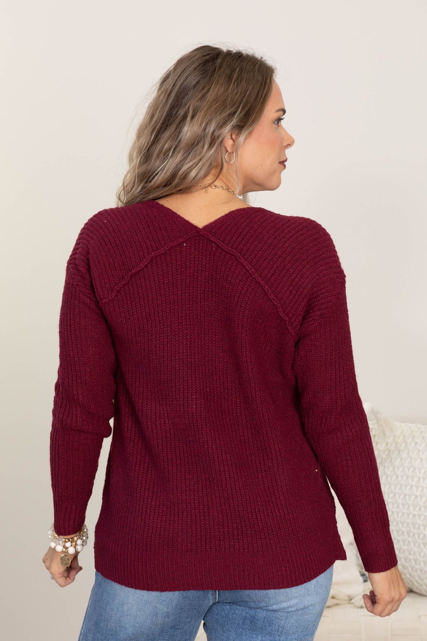 Burgundy V-Neck Center Seam Pullover Sweater