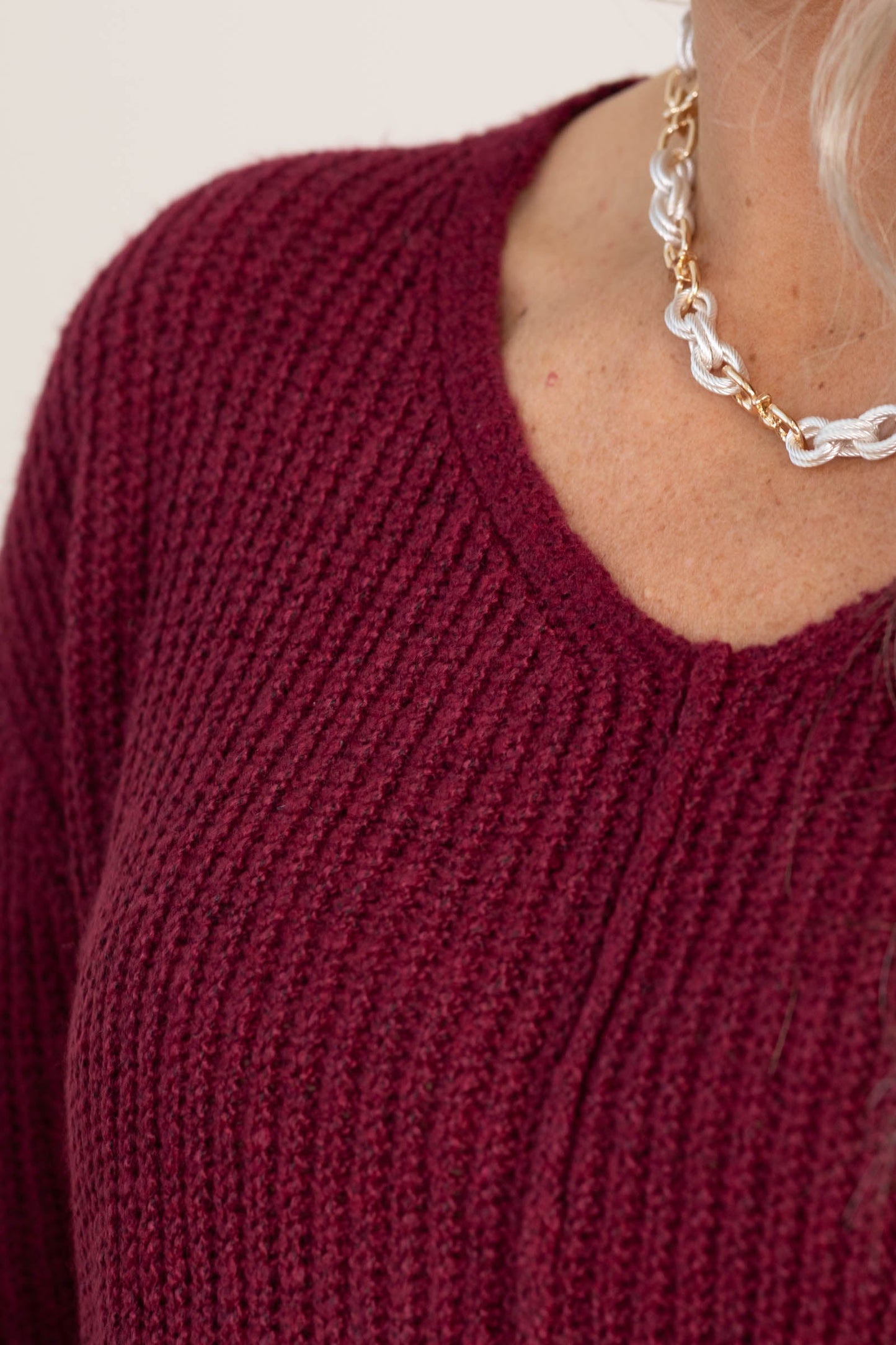 Burgundy V-Neck Center Seam Pullover Sweater