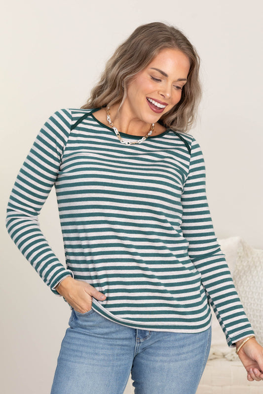 Striped Color Trimmed Long Sleeve Knit Tops