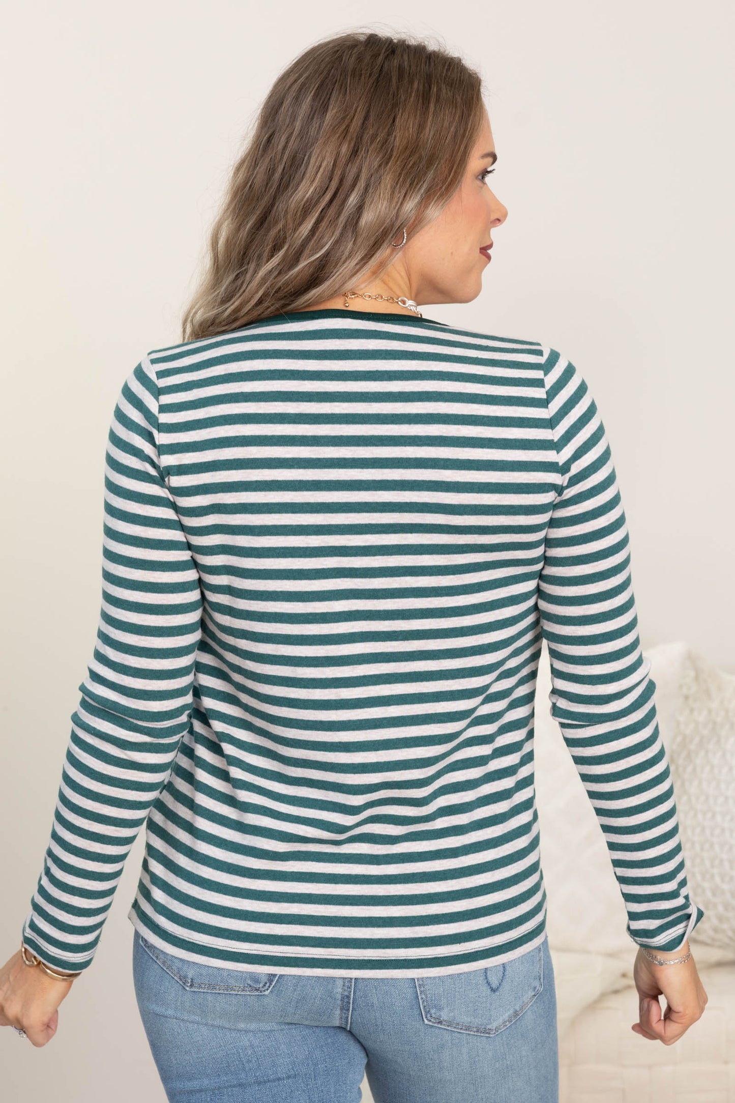 Striped Color Trimmed Long Sleeve Knit Tops