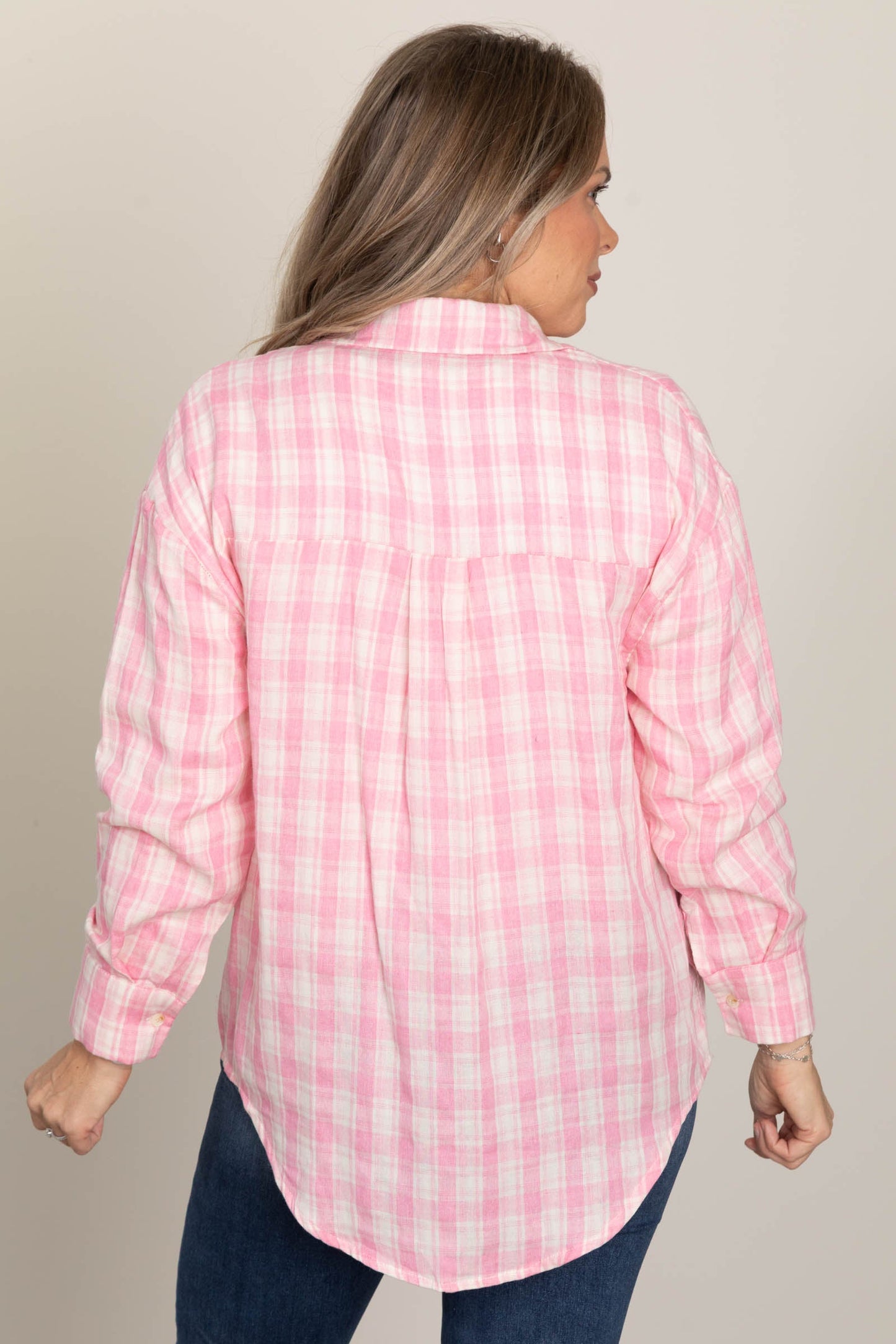 Pink Plaid Button Up Woven Top