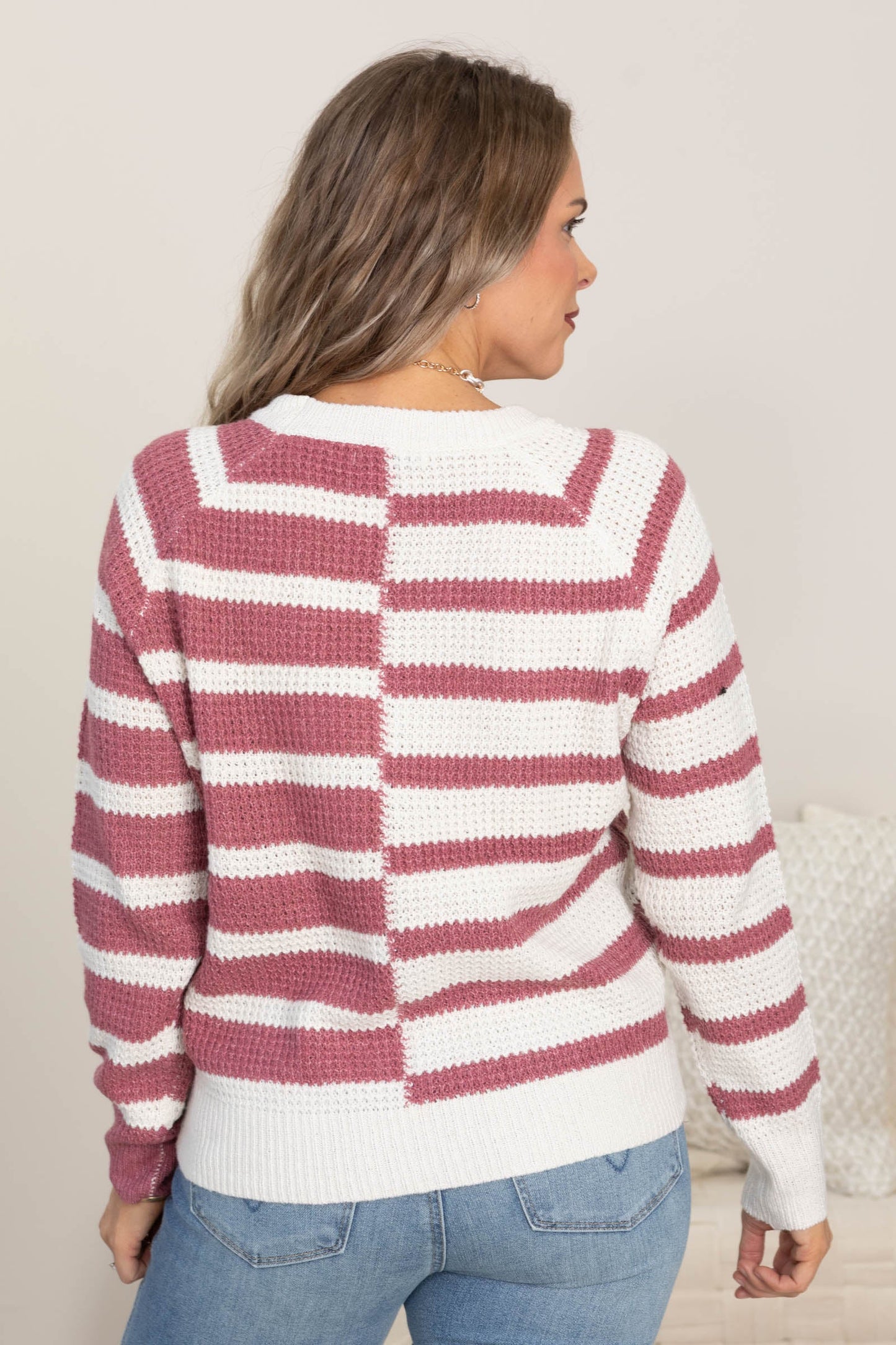 Dusty Rose And Ivory Stripe Colorblock Sweater