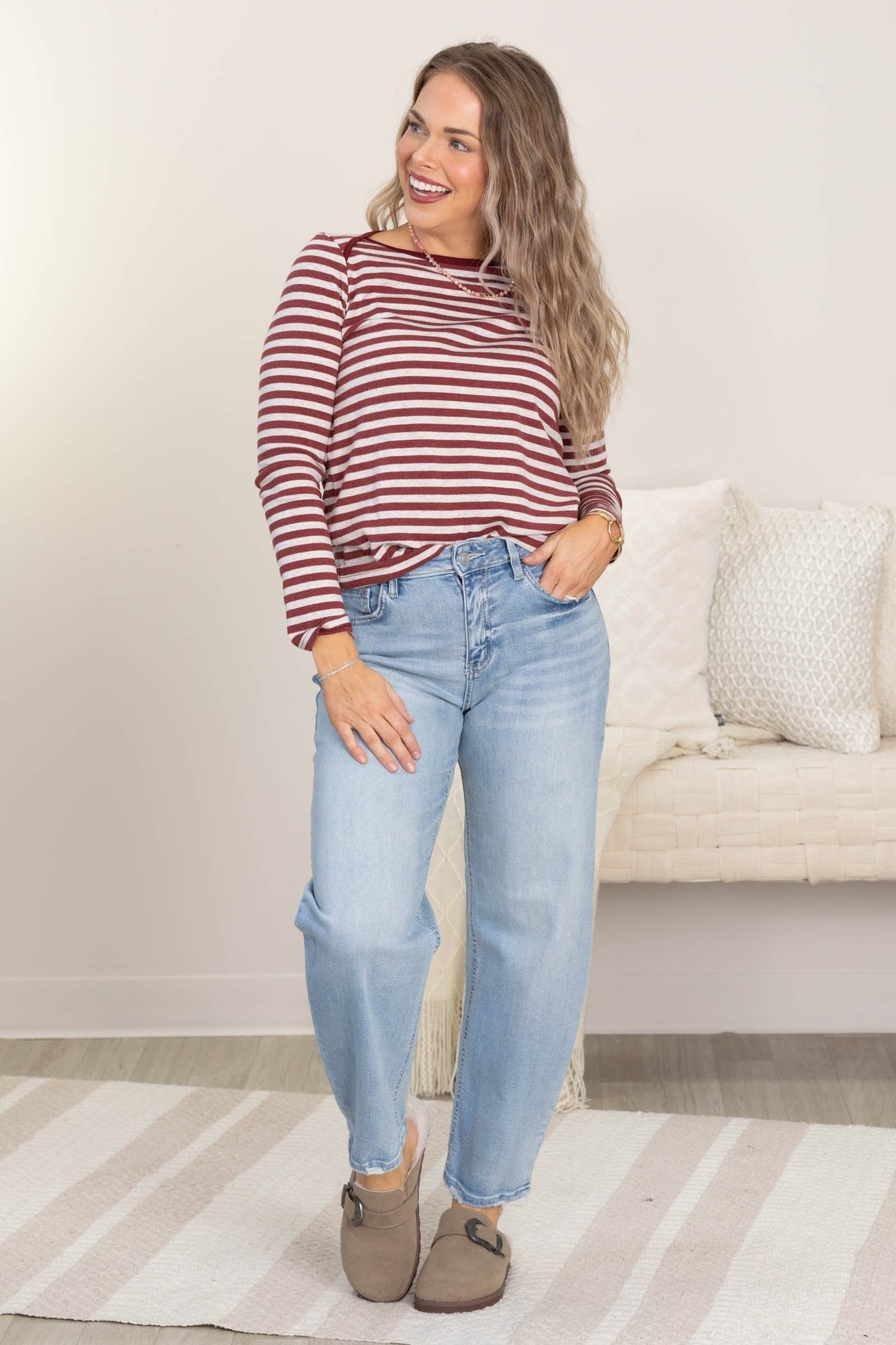Striped Color Trimmed Long Sleeve Knit Tops