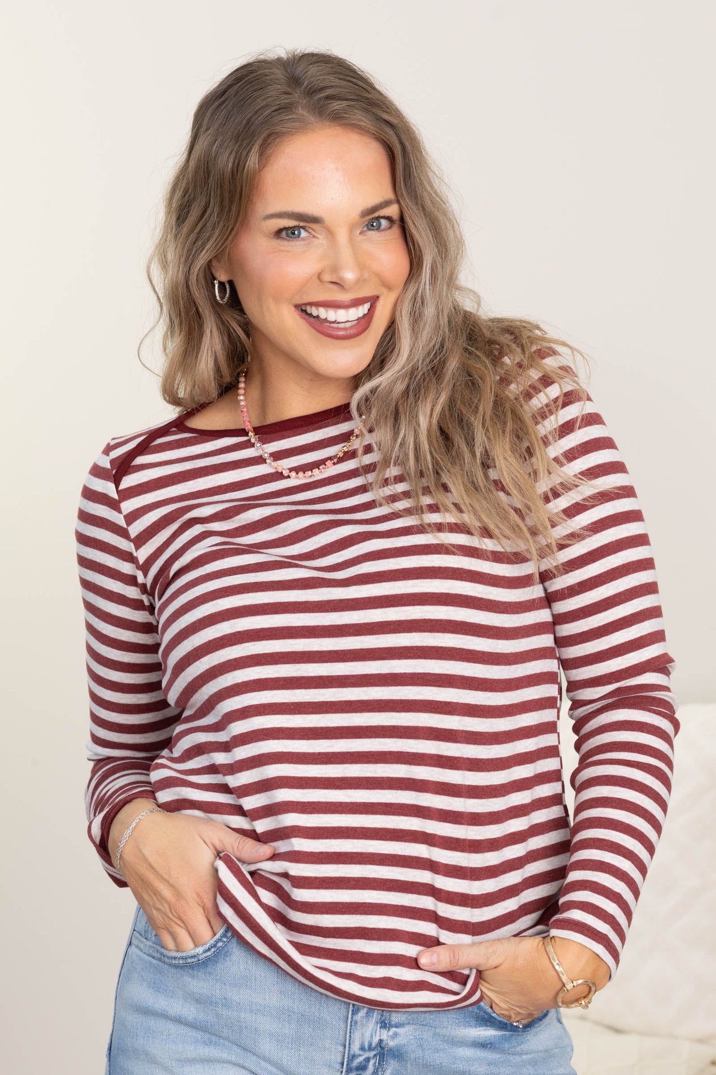 Striped Color Trimmed Long Sleeve Knit Tops