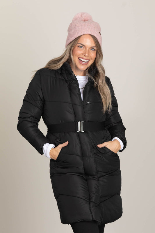 Black Belted Long Puffer Jacket With Hood