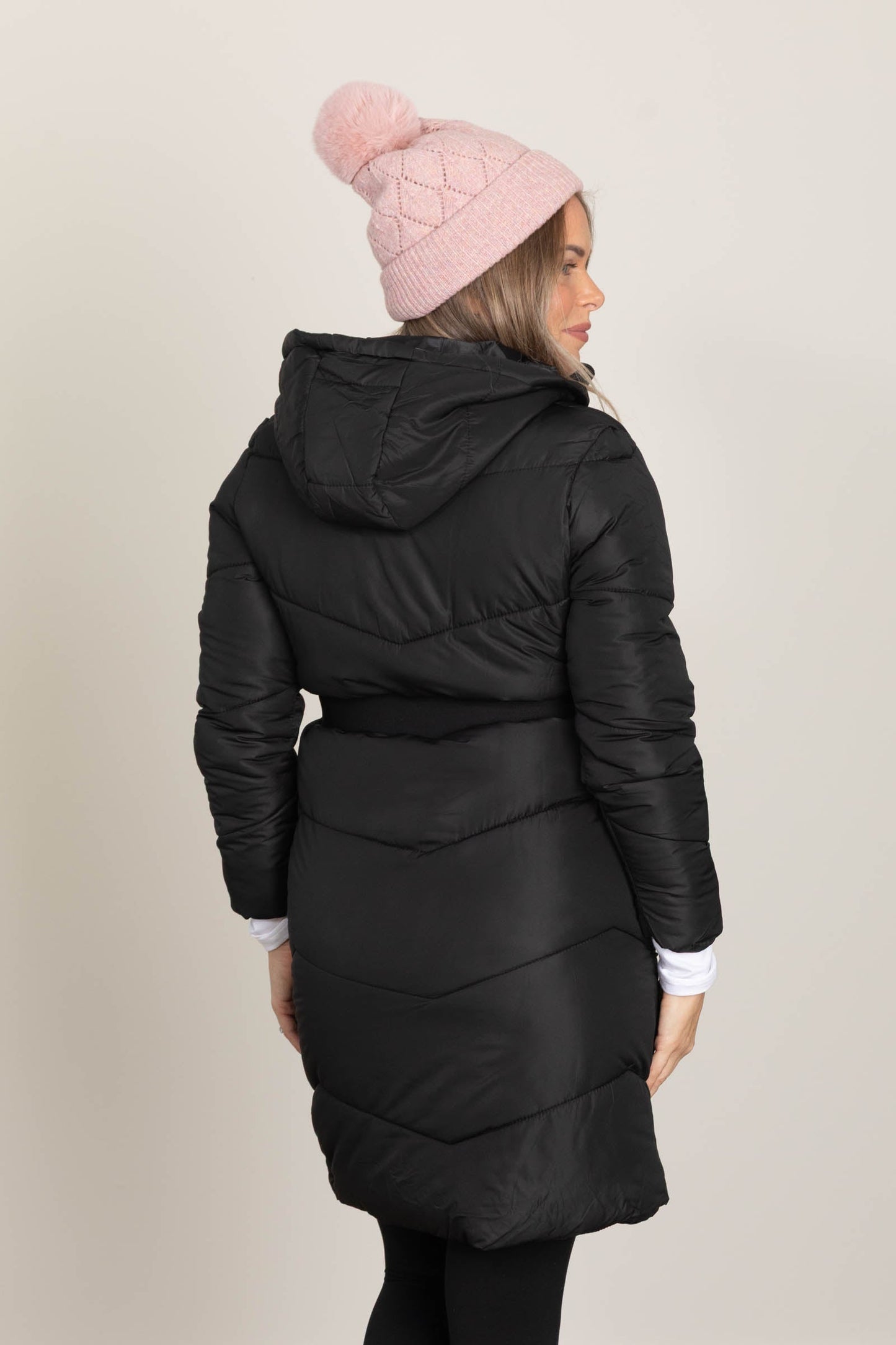 Black Belted Long Puffer Jacket With Hood