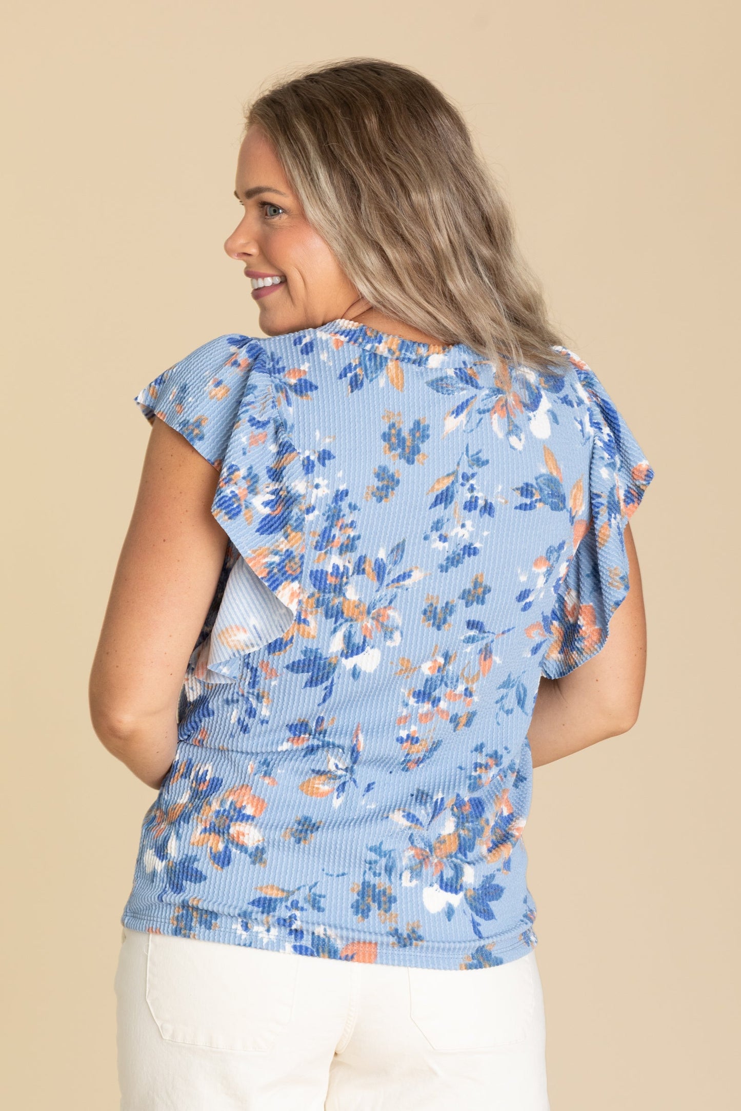 Floral Print Flutter Sleeves Knit Top