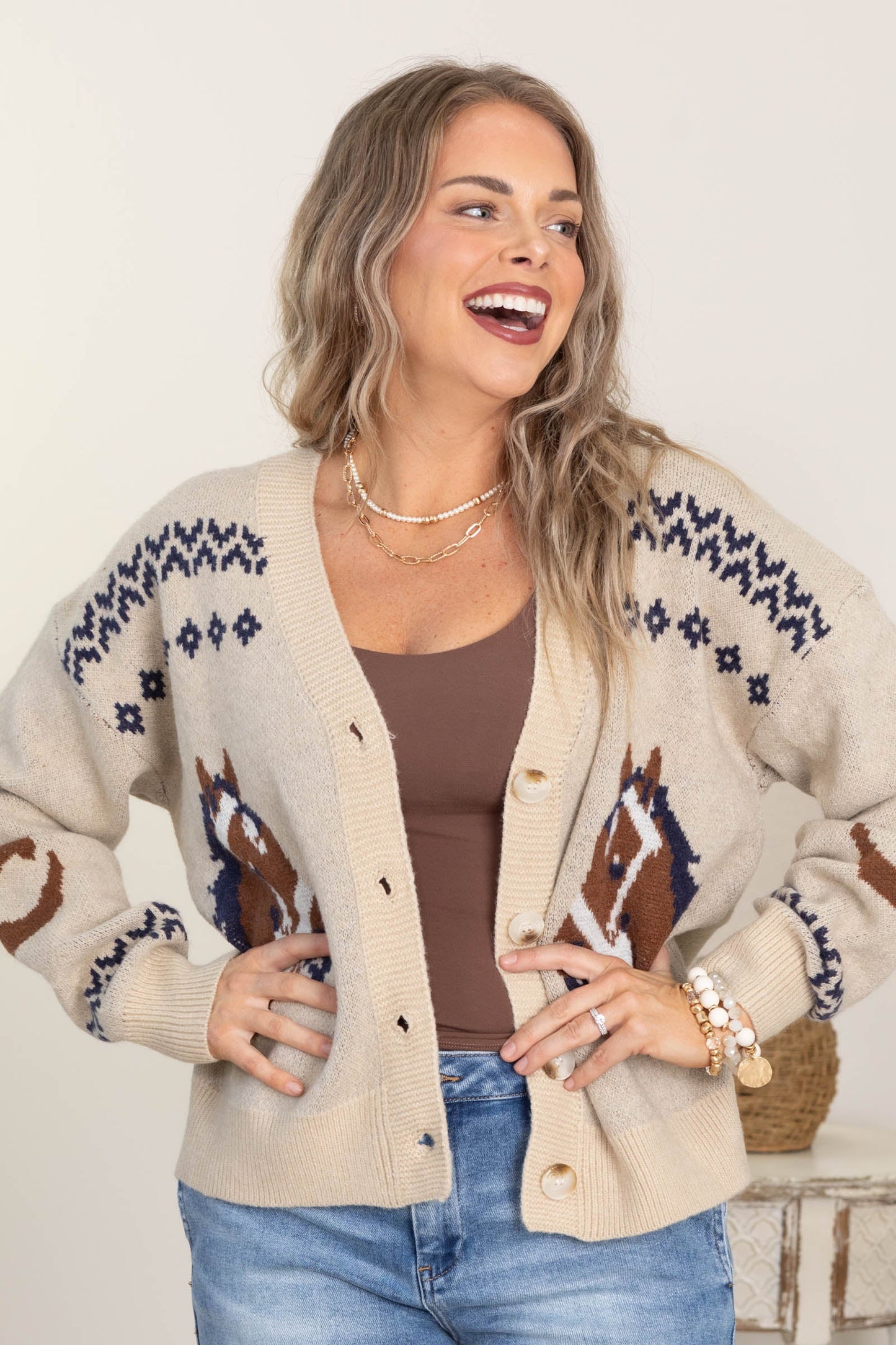Beige Horse Intarsia Button Front Cardigan