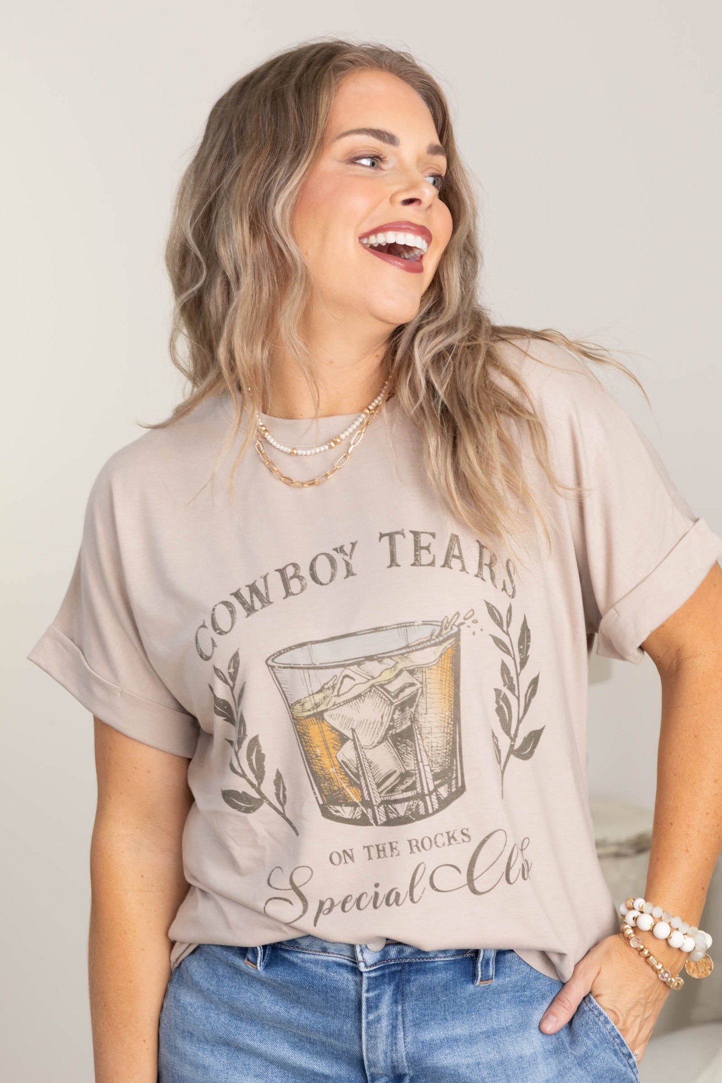 Beige Cowboy Tears Graphic Knit Top