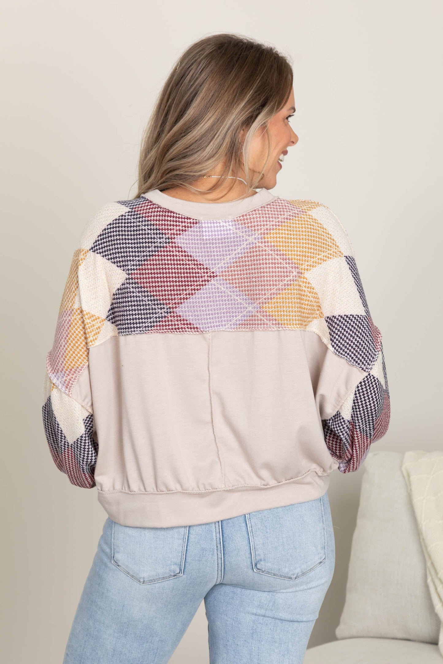 Light Mocha Argyle Print Long Sleeve Knit Top