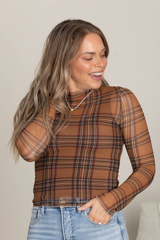 Camel Plaid Semi Sheer Mesh Knit Top