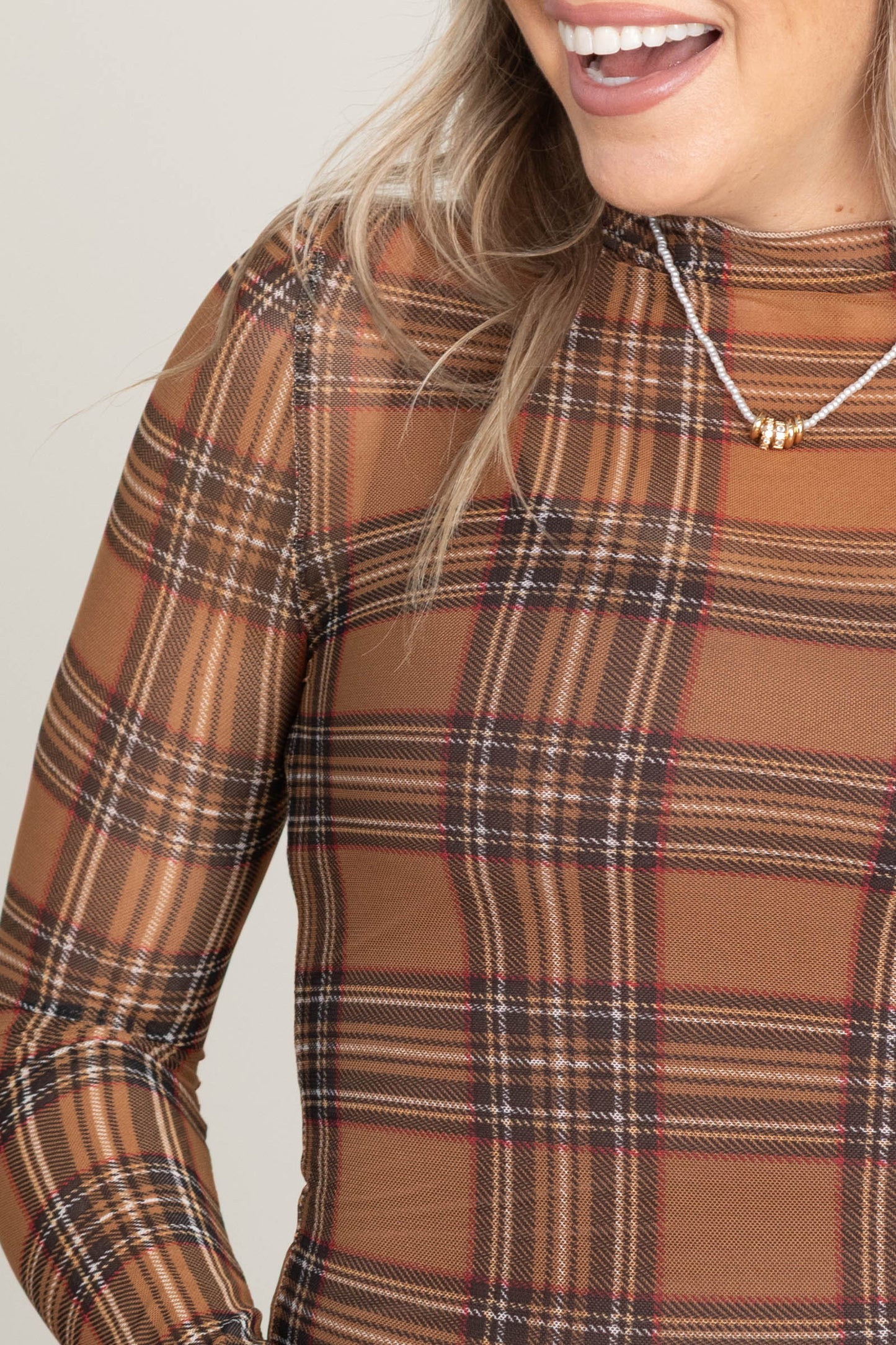 Camel Plaid Semi Sheer Mesh Knit Top