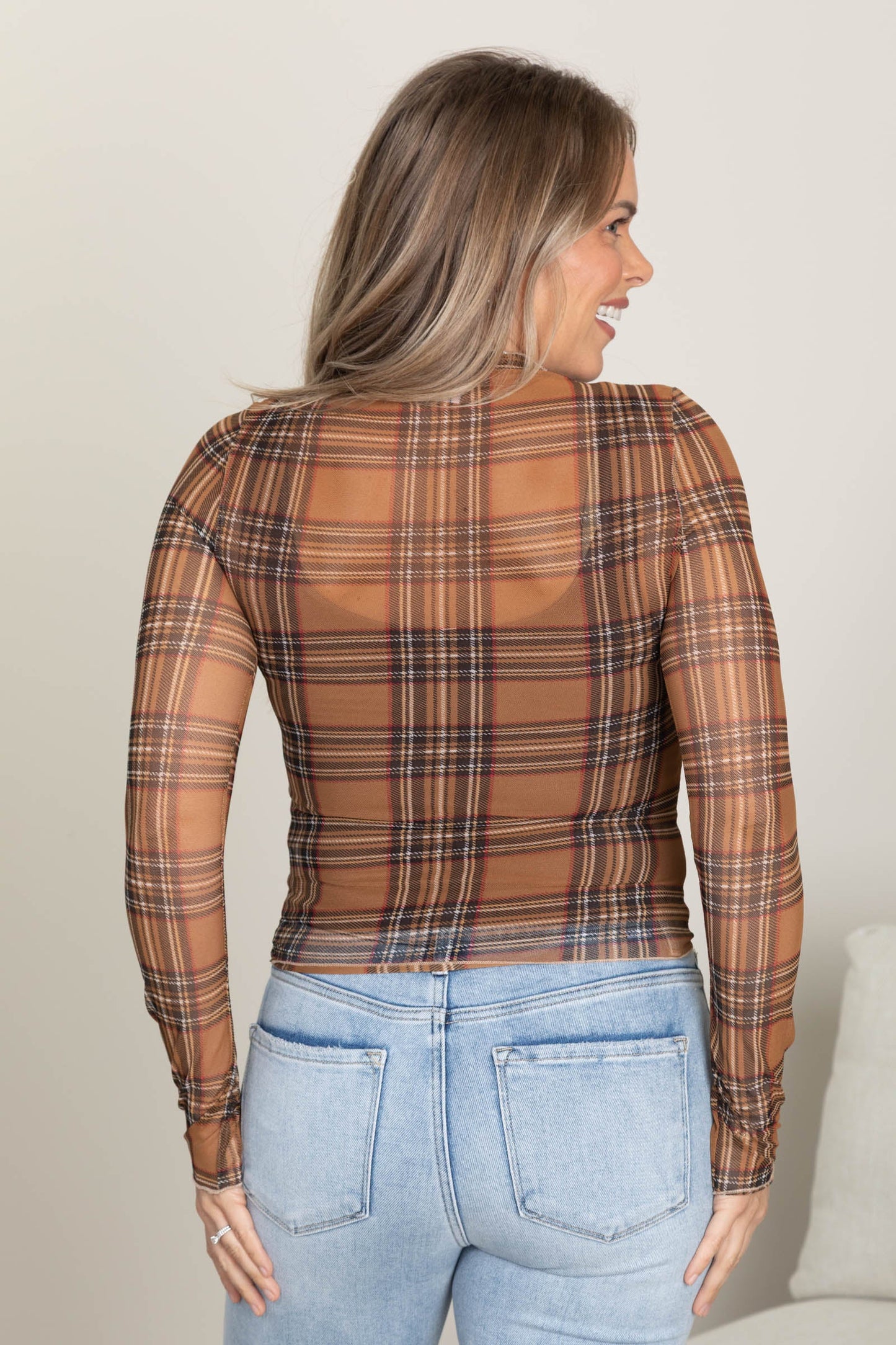 Camel Plaid Semi Sheer Mesh Knit Top
