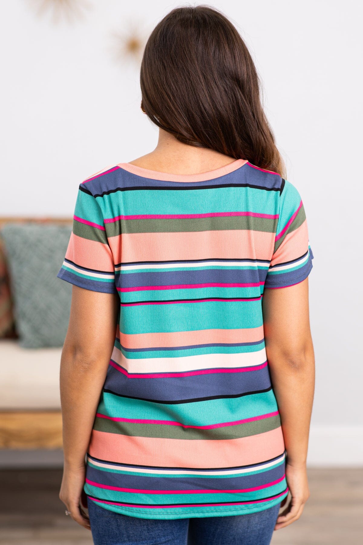 Teal Multicolor Stripe Short Sleeve Top