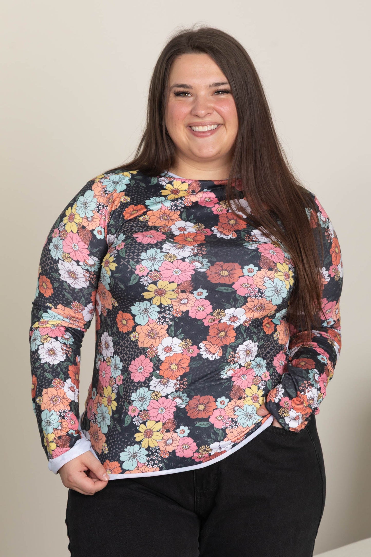 Black Mock Neck Floral Knit Top