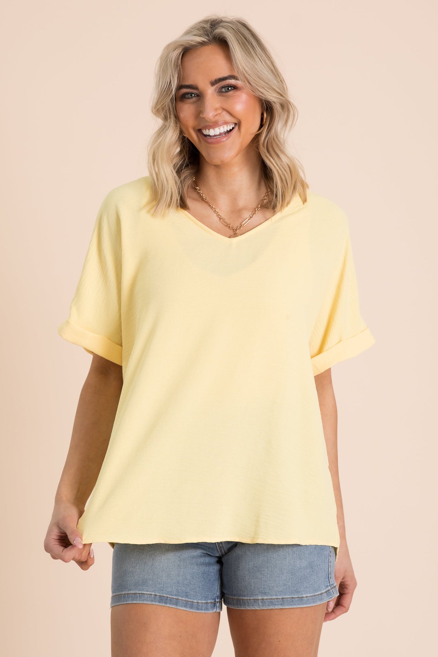 Woven V-Neck Folded Short Sleeve Tops