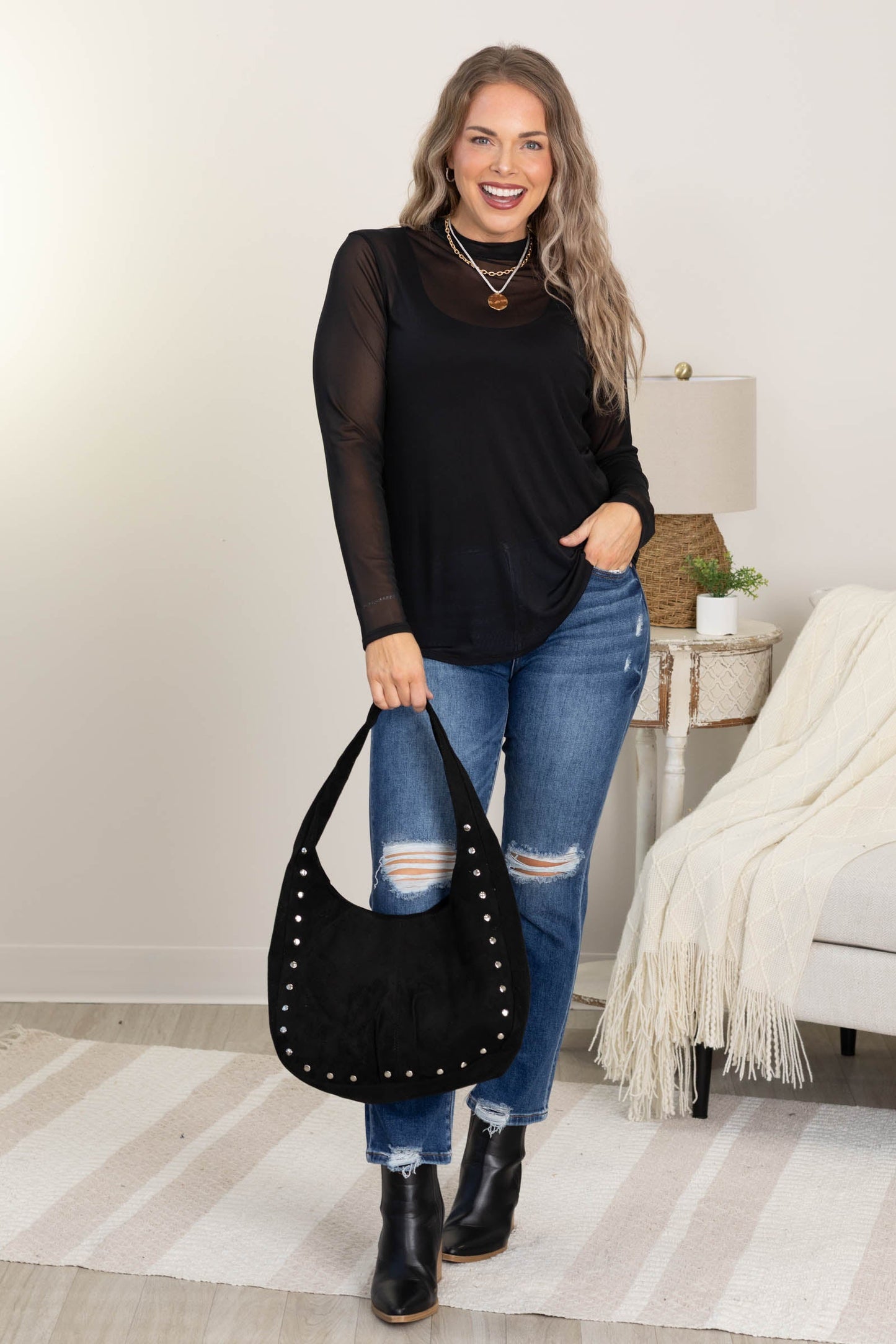 Solid Mock Neck Long Sleeve Mesh Knit Tops